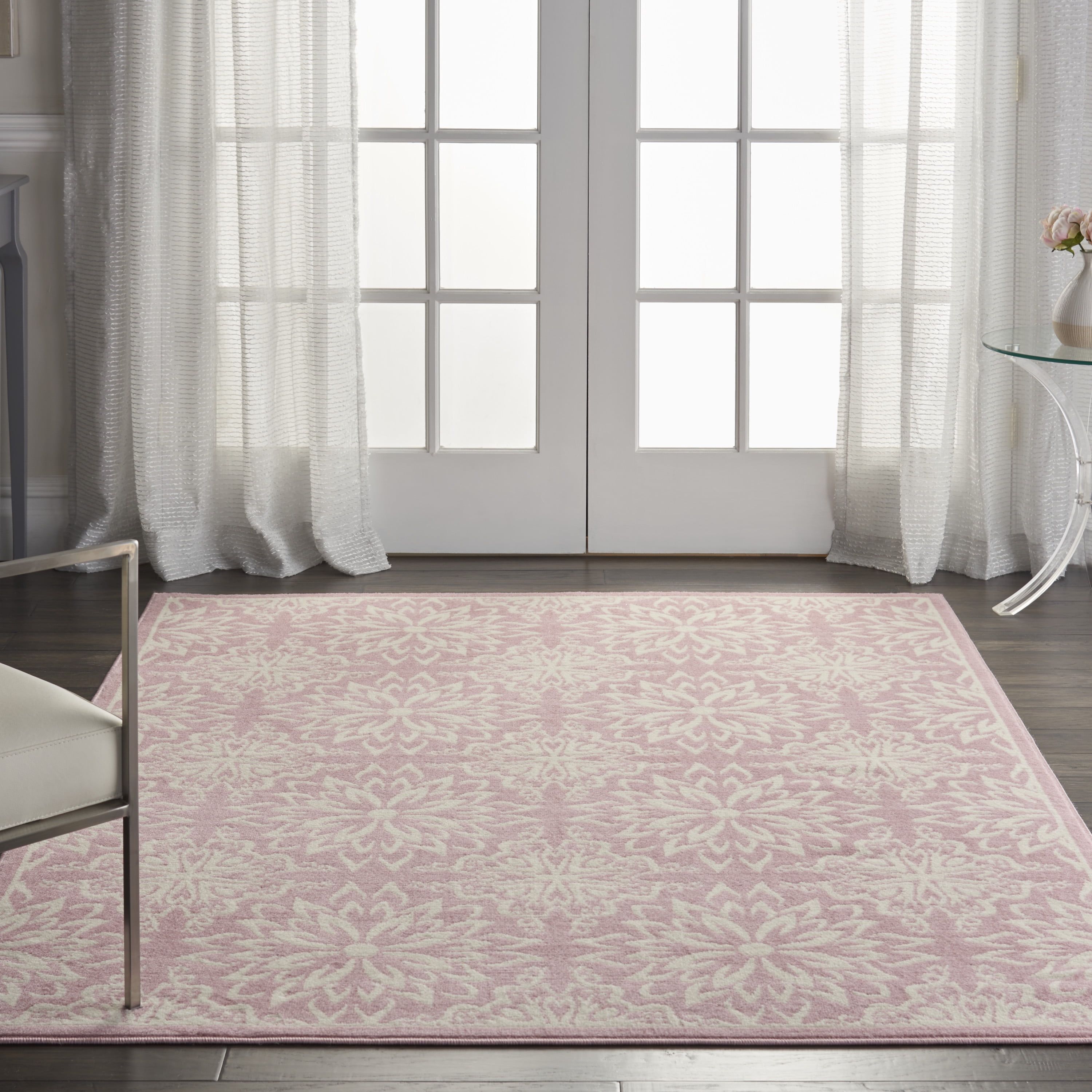 Ivory and Pink Floral Synthetic 5' x 7' Area Rug