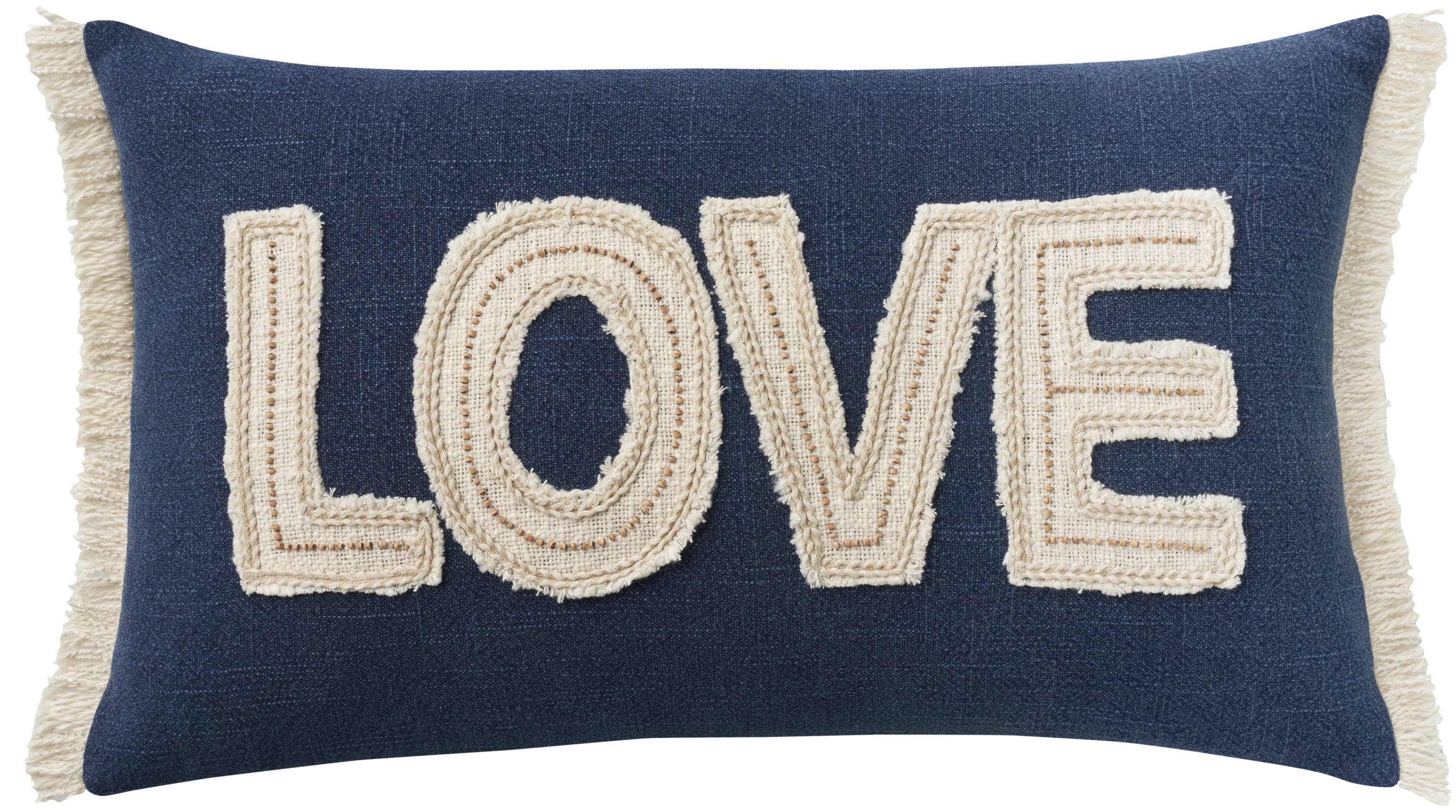 Navy Cotton Love Applique Beaded Lumbar Pillow 14" x 24"