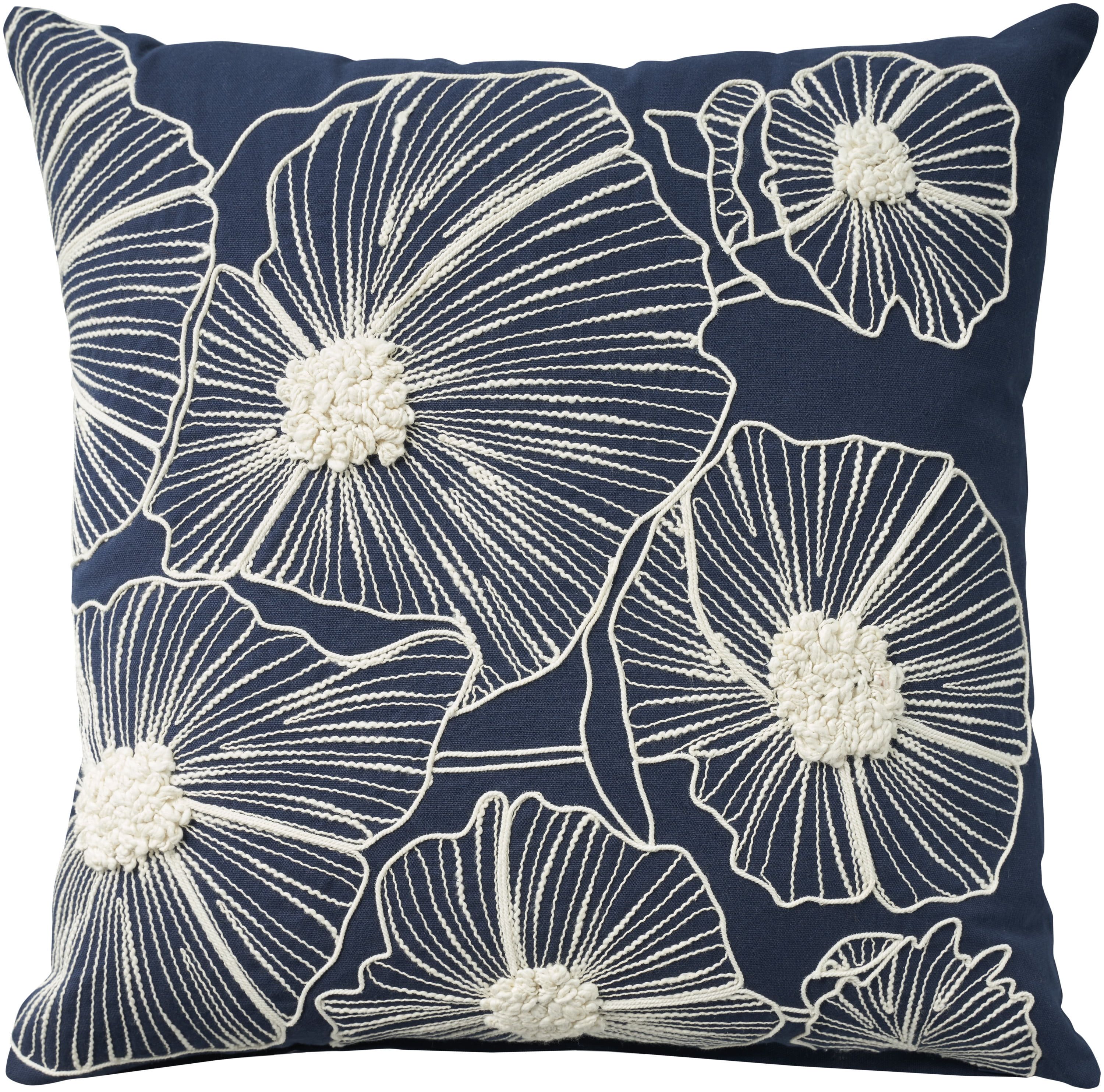 Navy Cotton Embroidered Floral 20" x 20" Throw Pillow