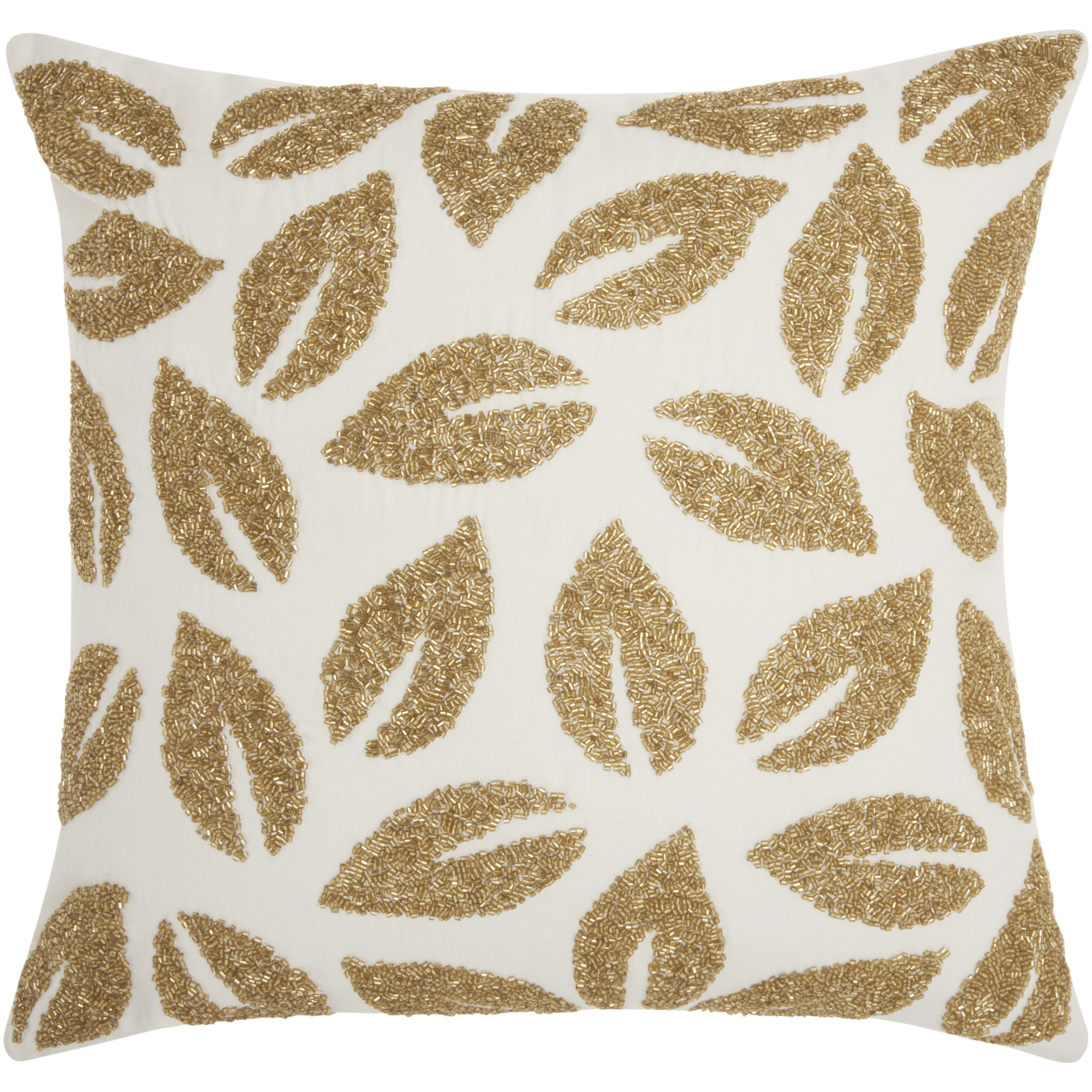 Gold Beaded Leaves 20-Inch Square Cotton Throw Pillow