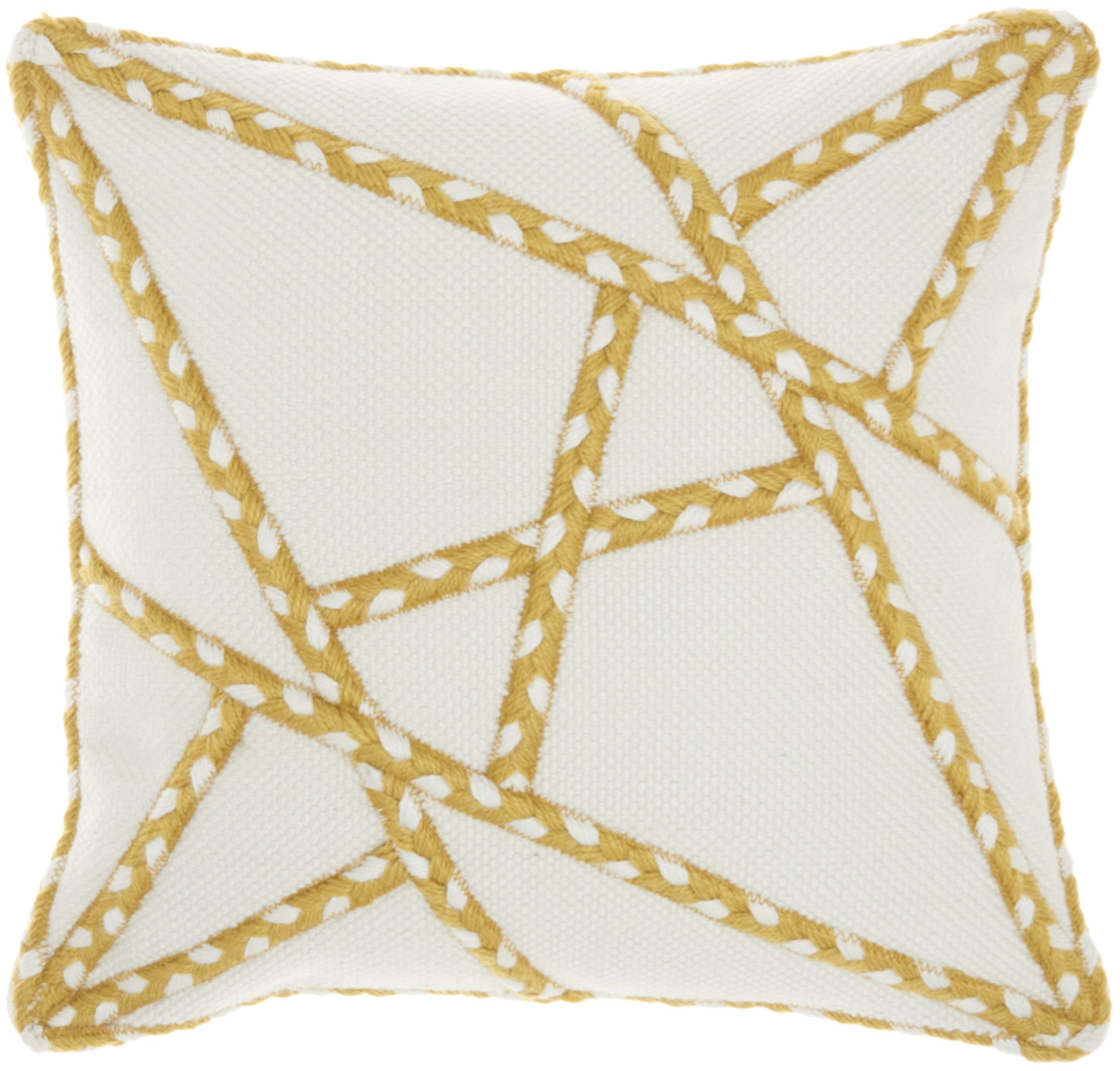 Yellow and Ivory Geometric Embroidered Outdoor Throw Pillow, 18" x 18"