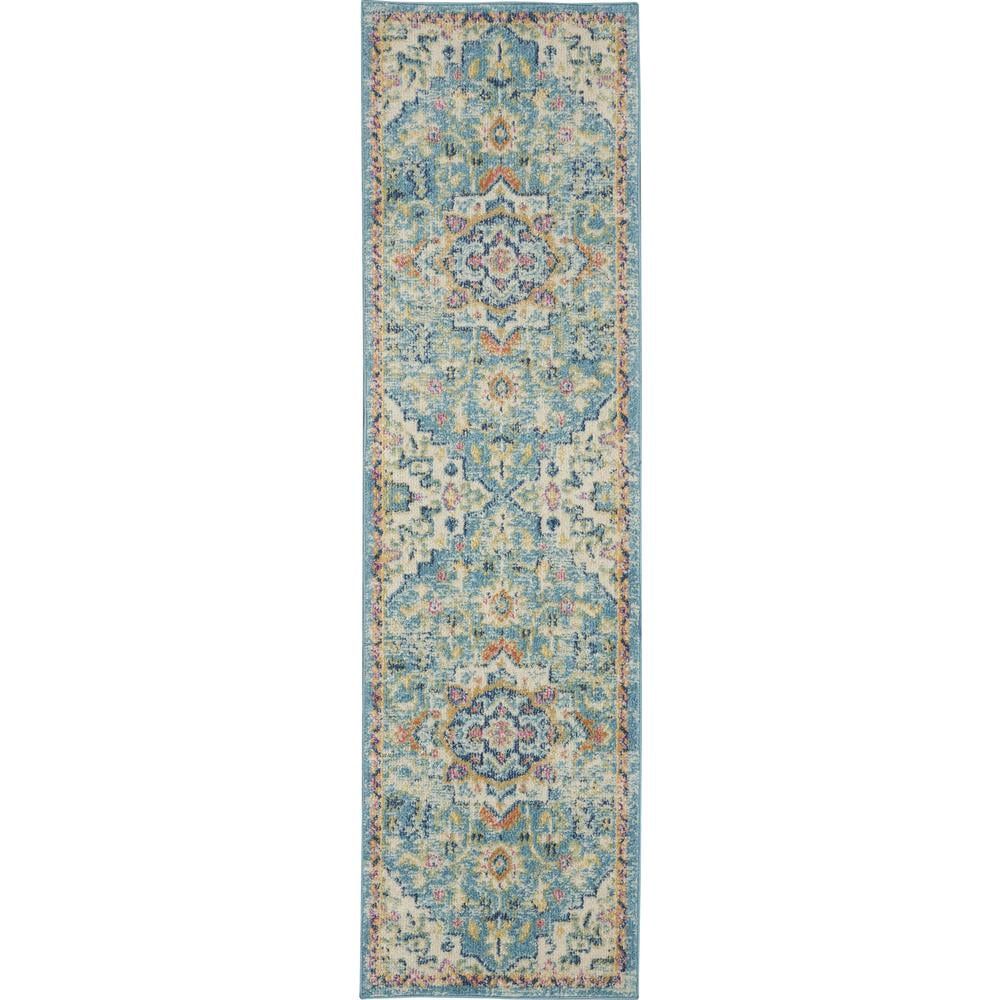 Ivory and Light Blue Floral Synthetic Runner Rug