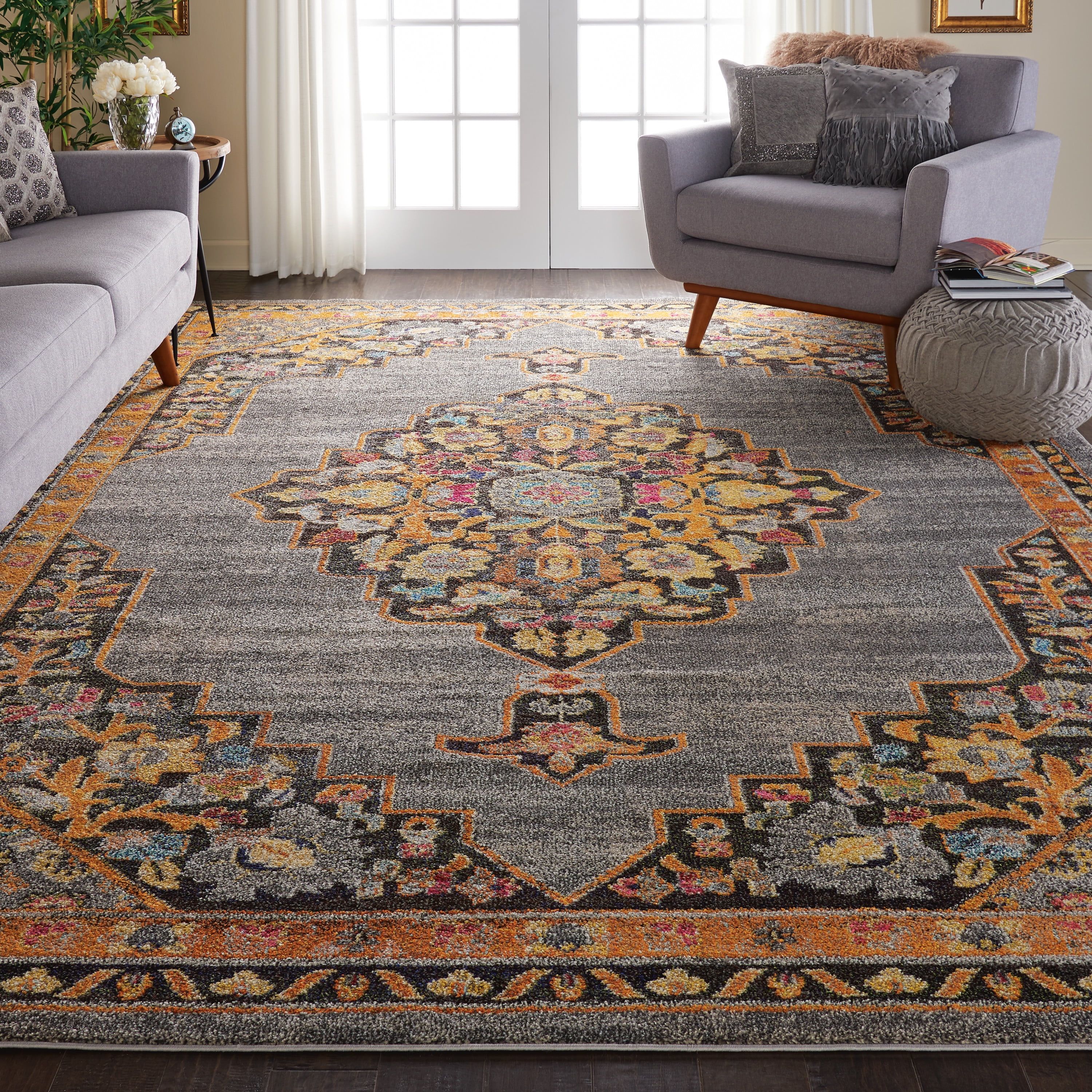 Gray Medallion Synthetic Easy-Care 8'9" x 11'9" Rug