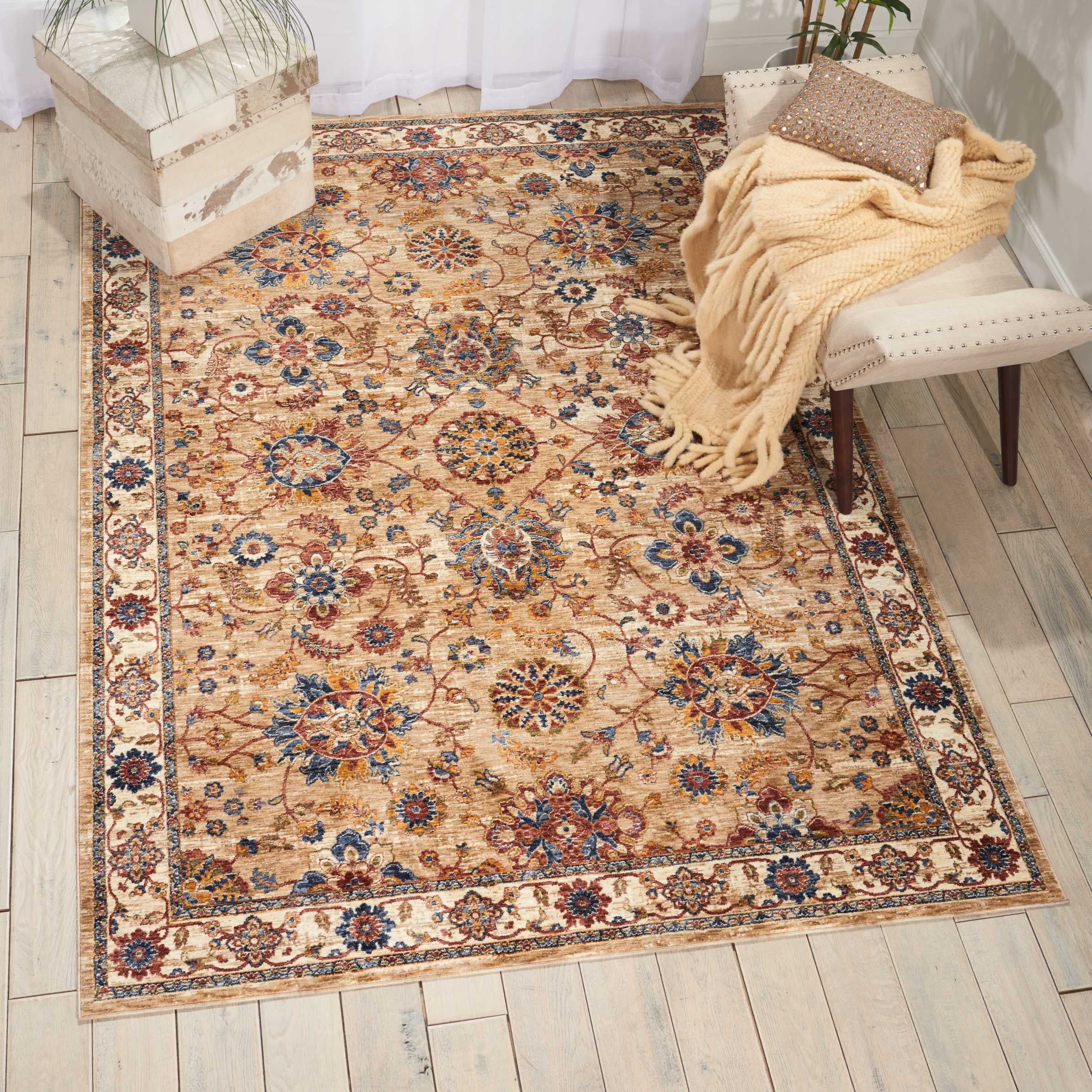 Lagos Floral Border Natural & Cream Hand-Knotted Rug, 7'10" x 9'10"
