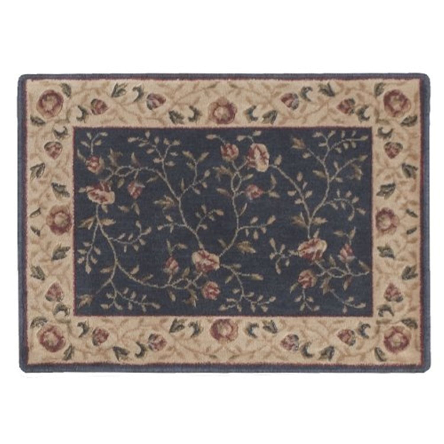 Navy and Gold Floral Print Synthetic Area Rug