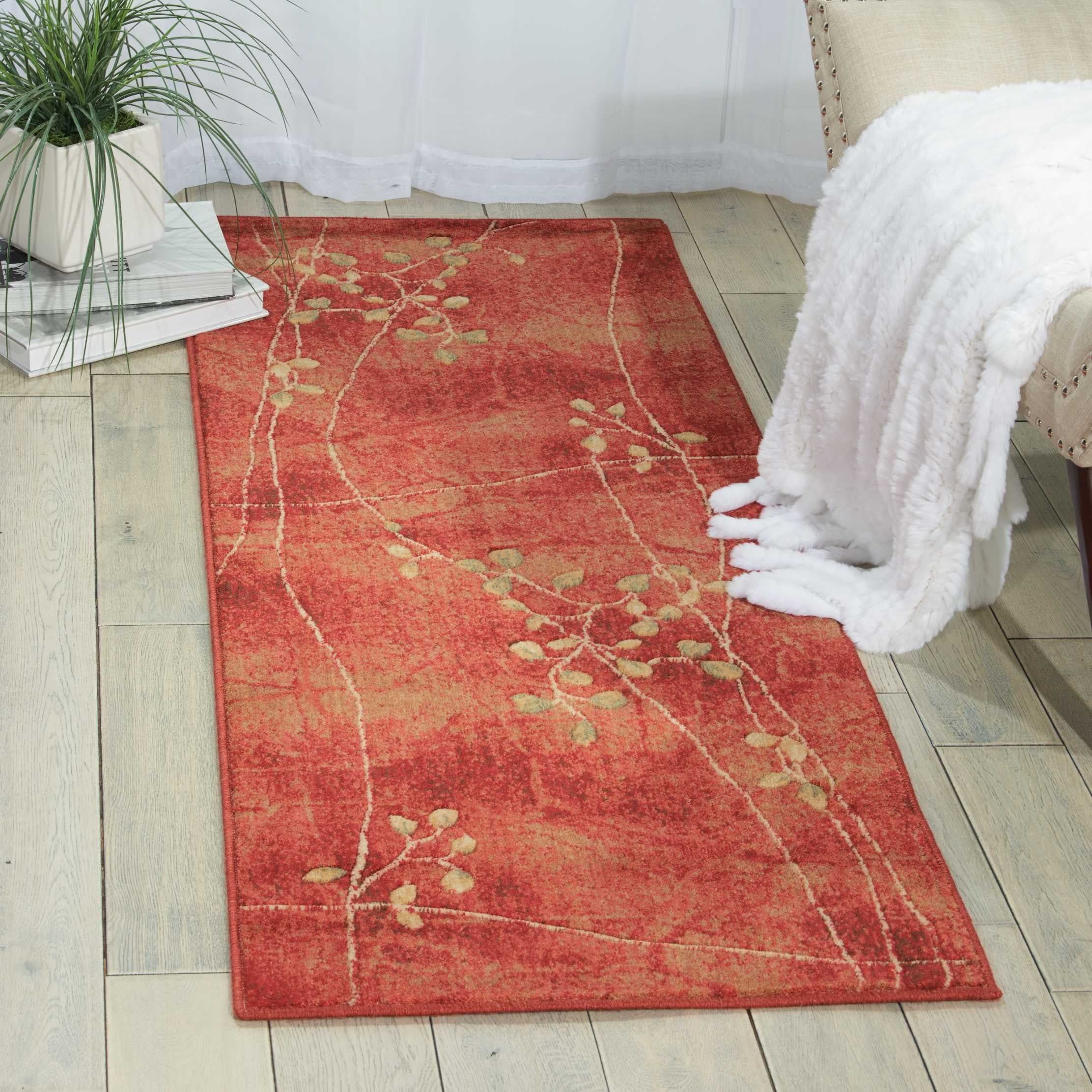 Flame Red and Green Synthetic Handmade Runner Rug, 8 Feet