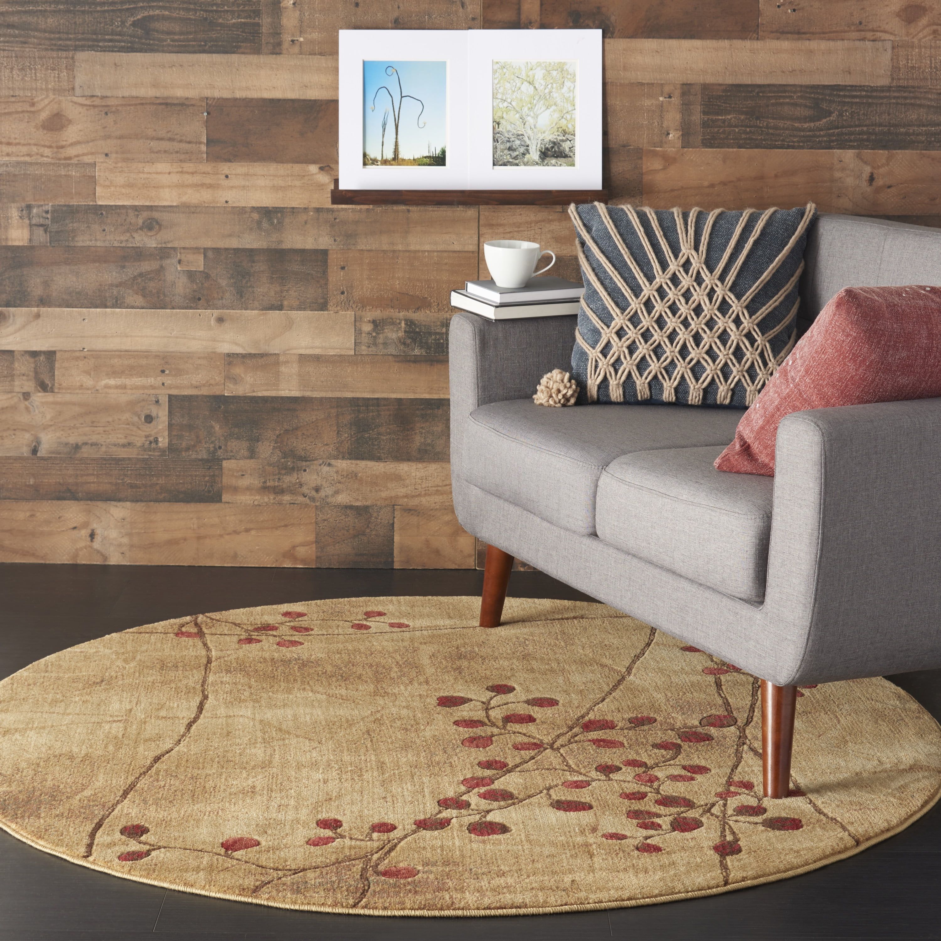 Handmade Round Latte Synthetic Stain-Resistant Area Rug