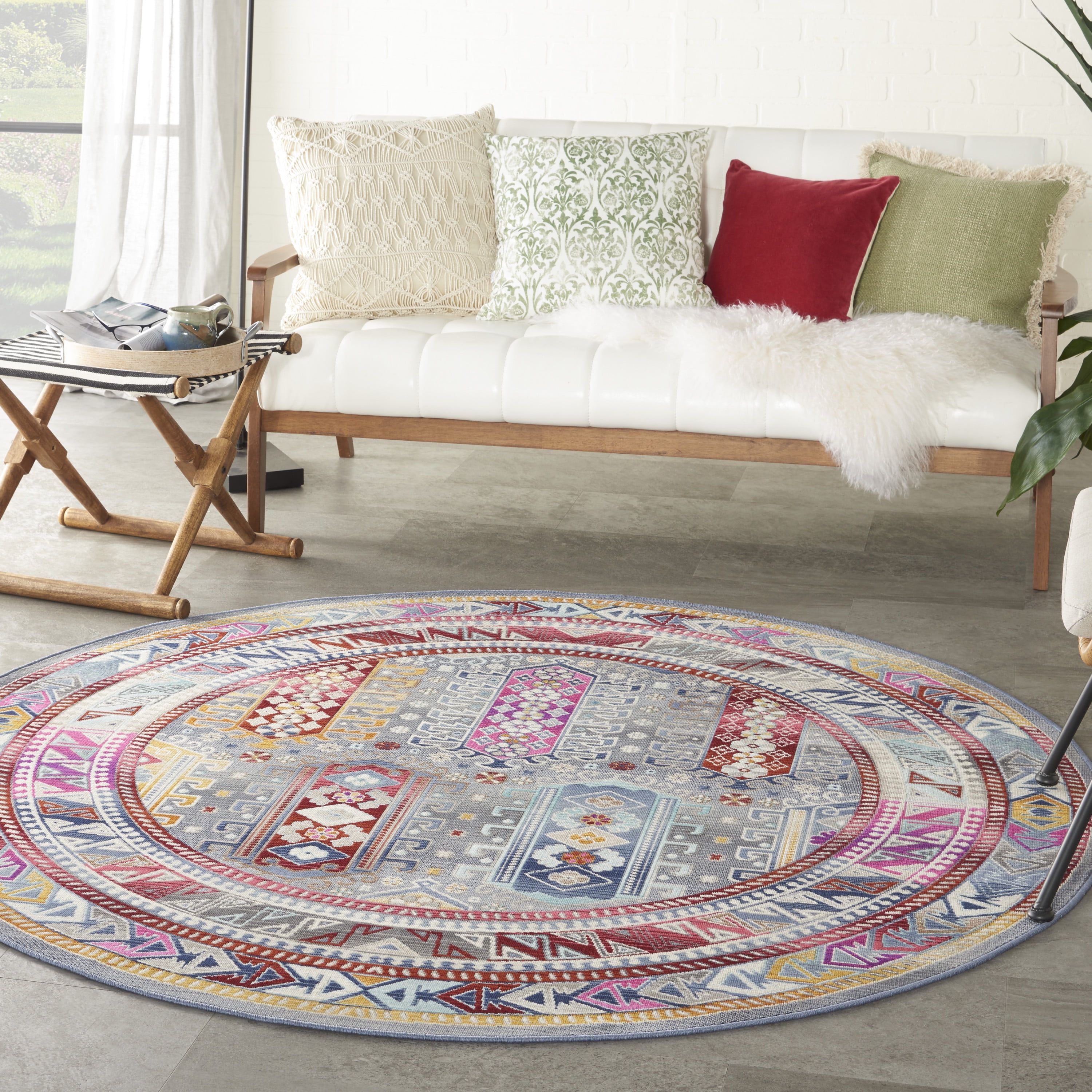Round 6 ft Gray and Multicolor Synthetic Area Rug