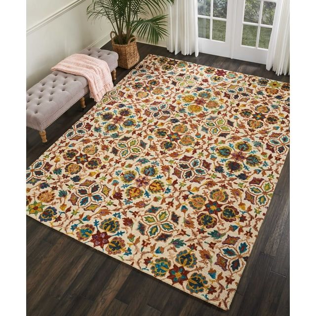 Elegant Ivory Floral Hand-Tufted Wool Area Rug 8' x 10'