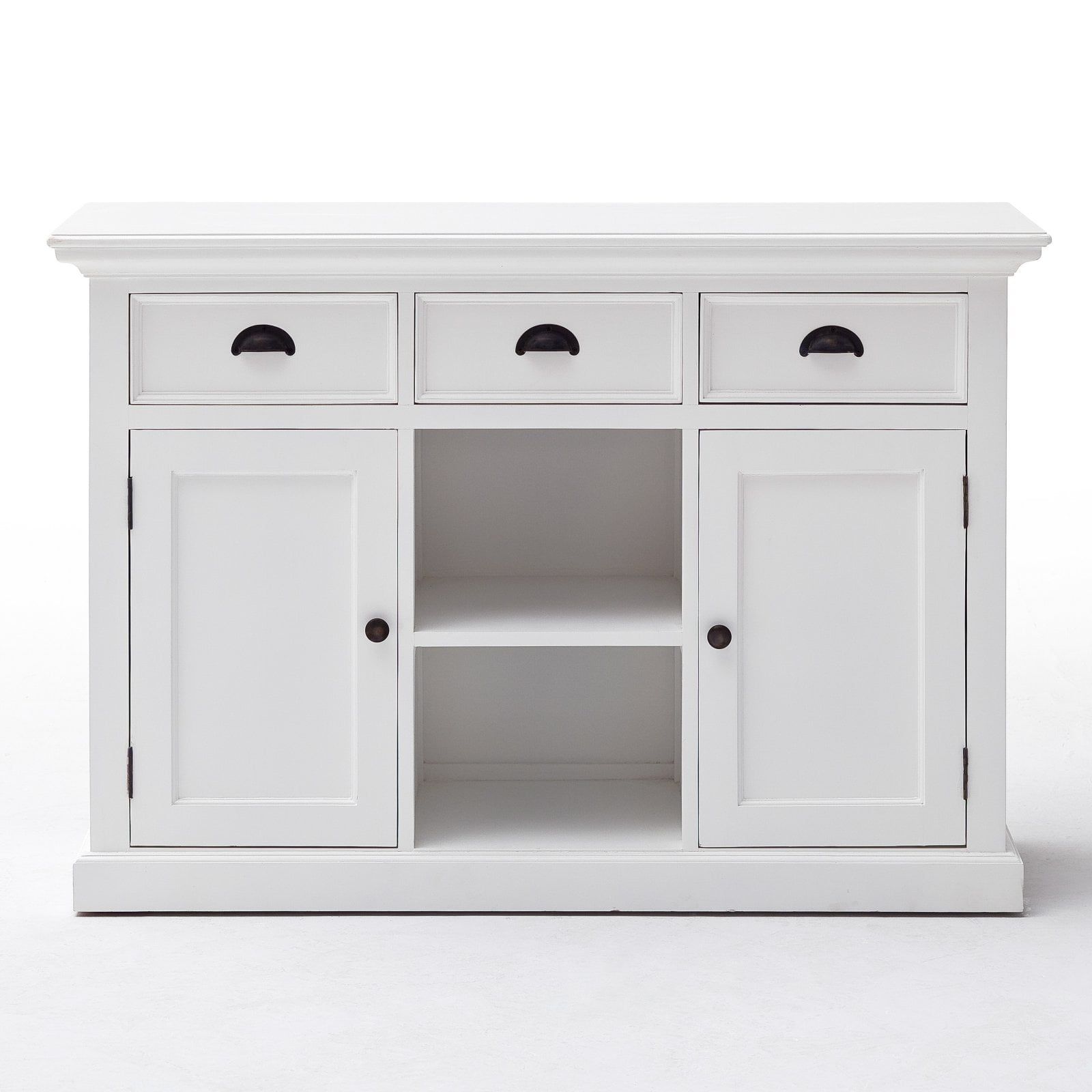 Classic Halifax Pure White Buffet with Hand-Woven Baskets and Shelves