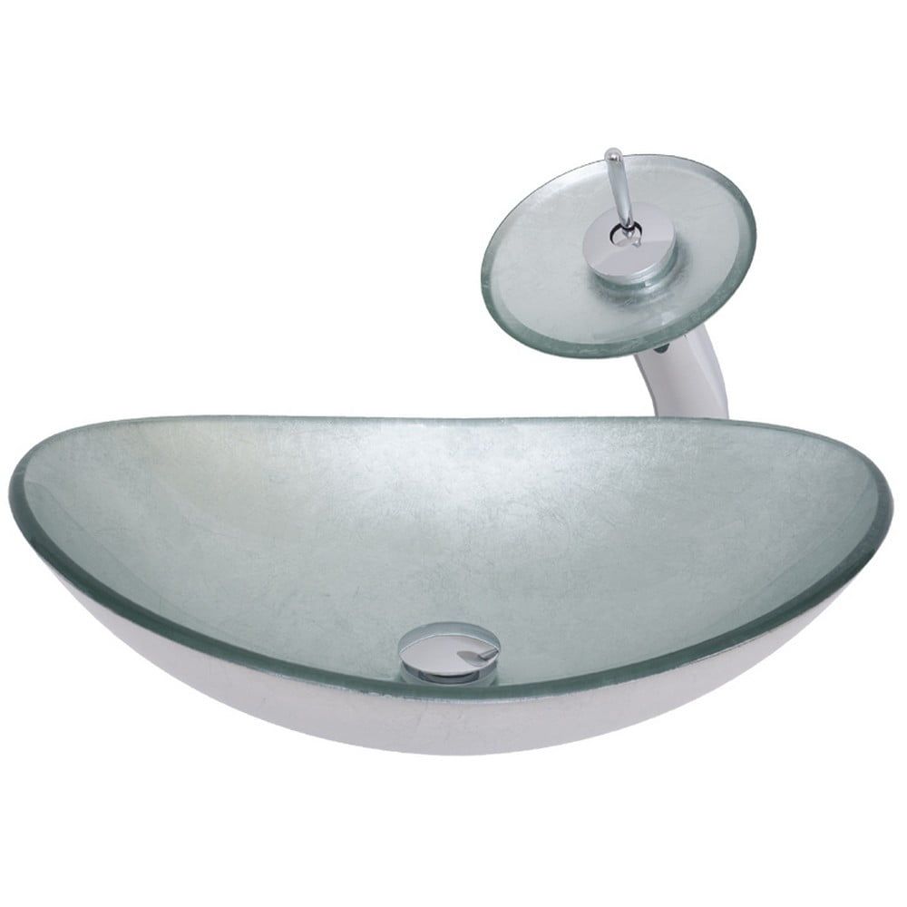 Starks Oval Silver Glass Vessel Sink with Brushed Nickel Faucet