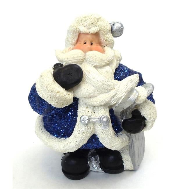 Royal Blue Glitter Santa Holding Skis Resin Statue