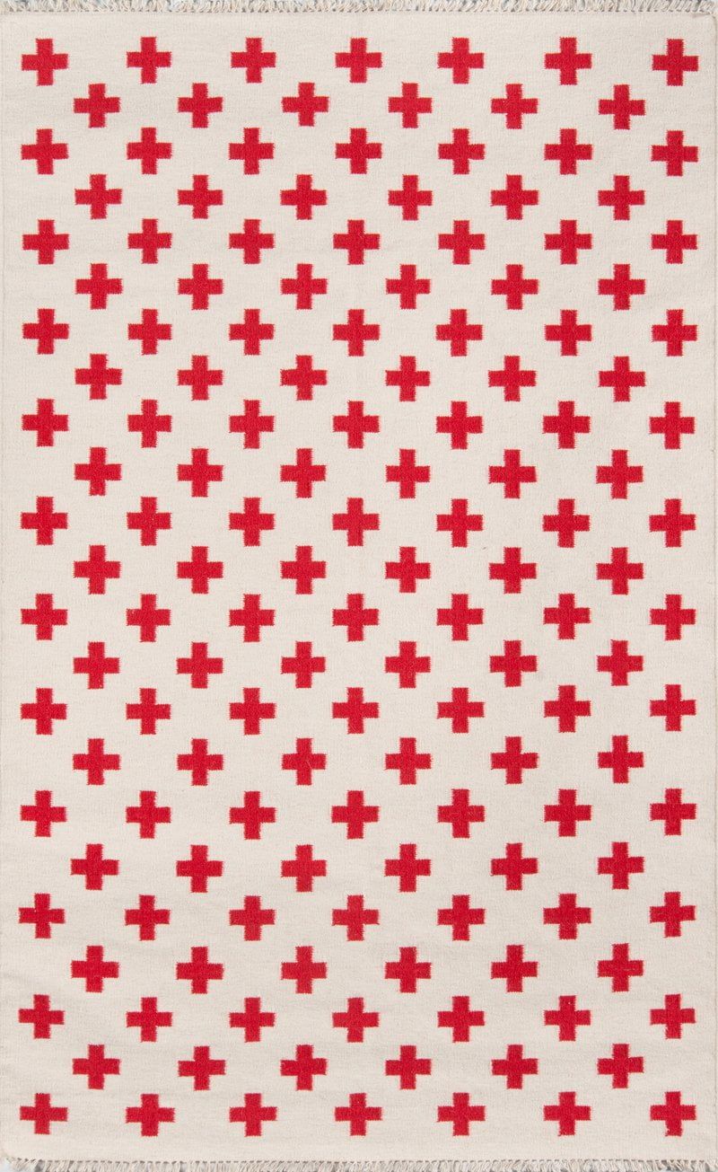 Ivory and Red Geometric Wool Runner Rug, 2'3" x 8'
