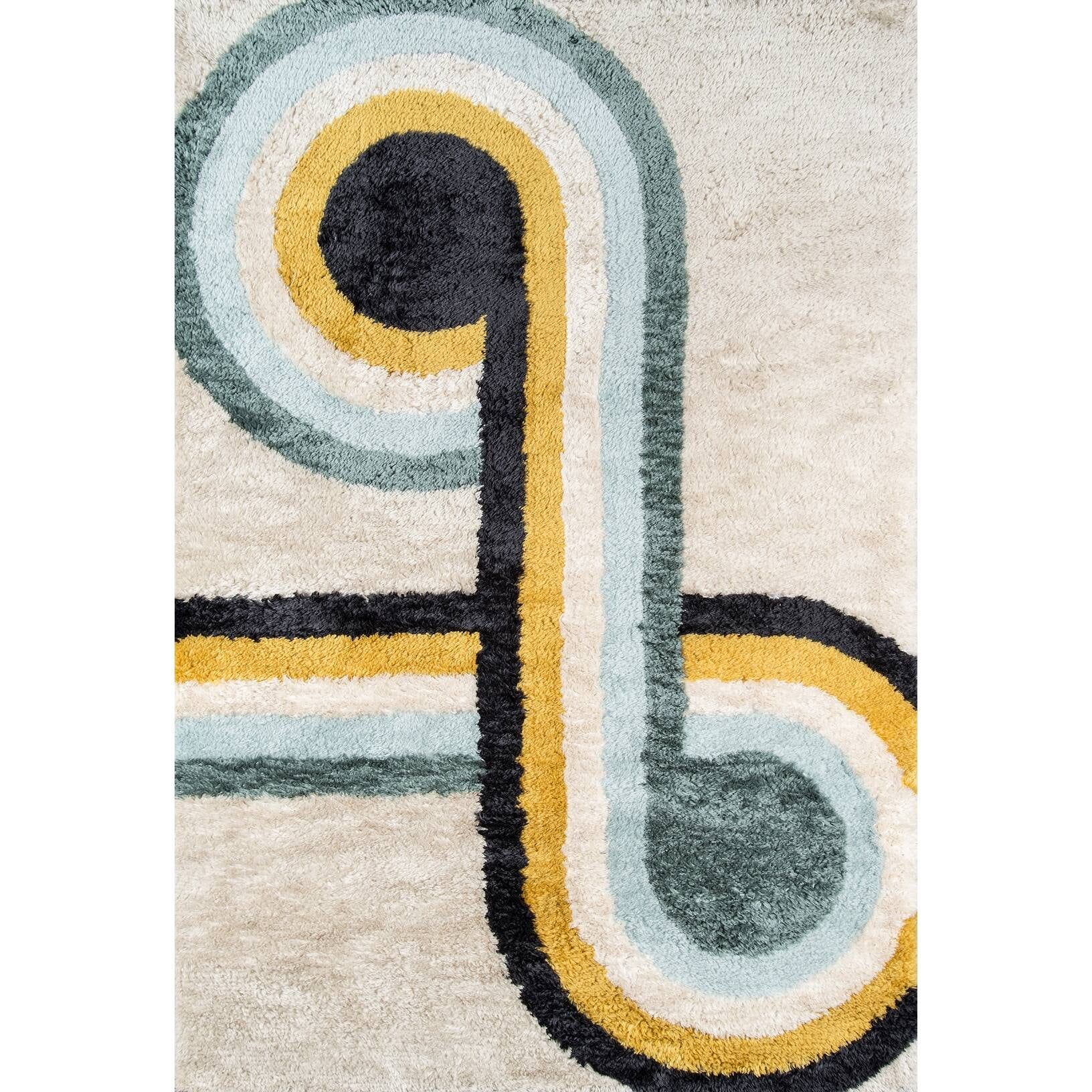 Retro Blue and Yellow Hand-Tufted Shag Area Rug