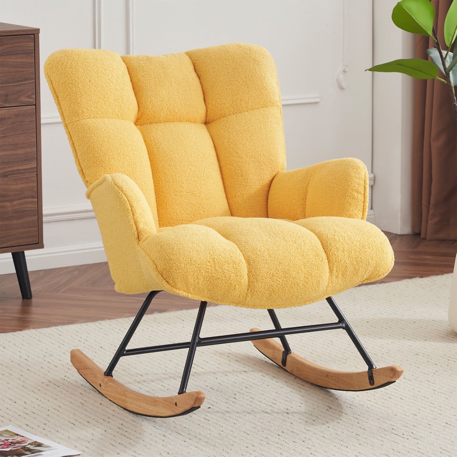 Yellow Teddy Upholstered Rocking Chair with Black Metal Frame