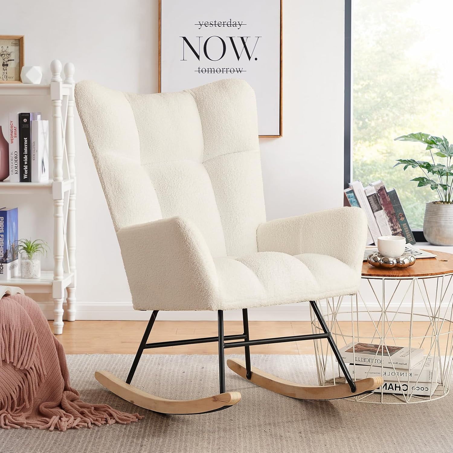 Ivory Boucle Upholstered Rocking Chair with Wood and Iron Frame