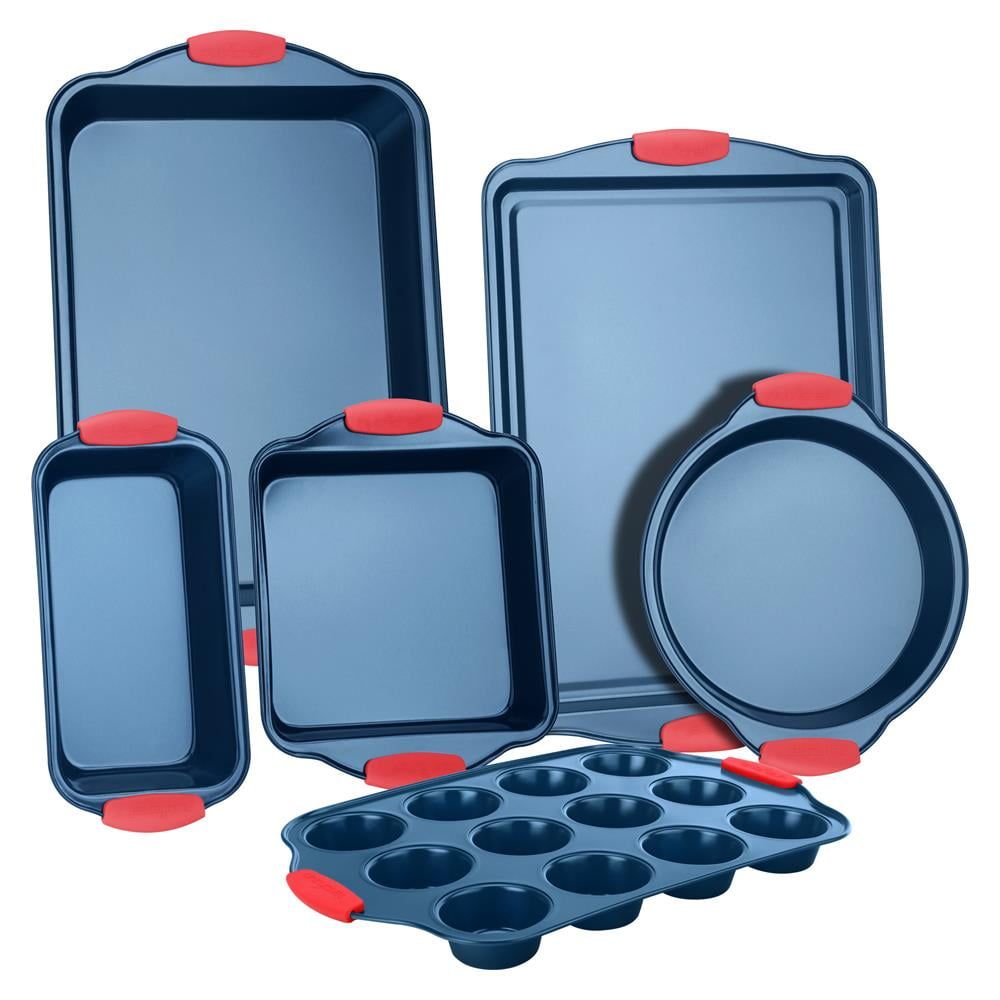 6-Piece Blue Nonstick Carbon Steel Bakeware Set with Red Silicone Handles