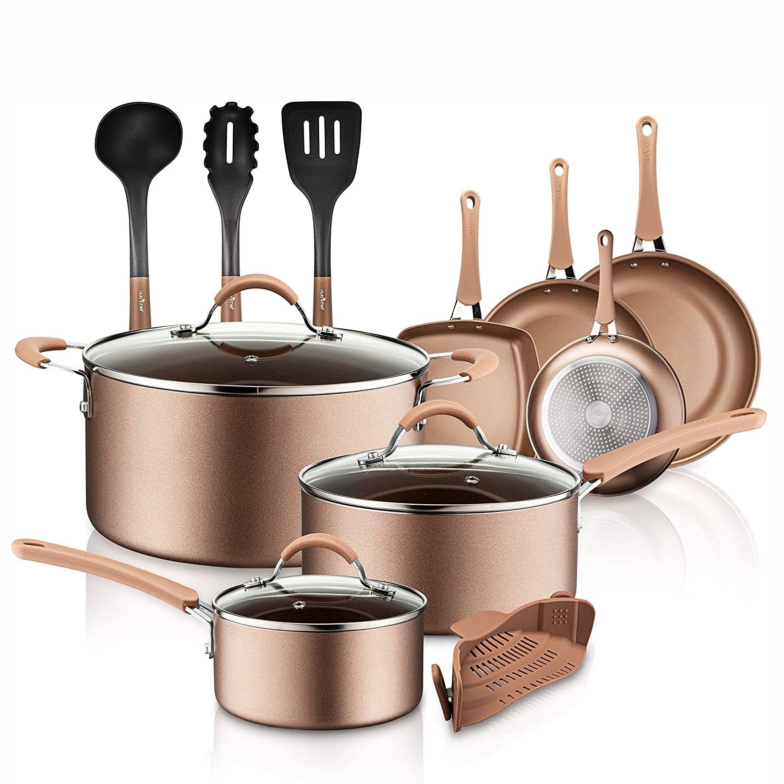 NutriChef 14-Piece Bronze Nonstick Aluminum Cookware Set