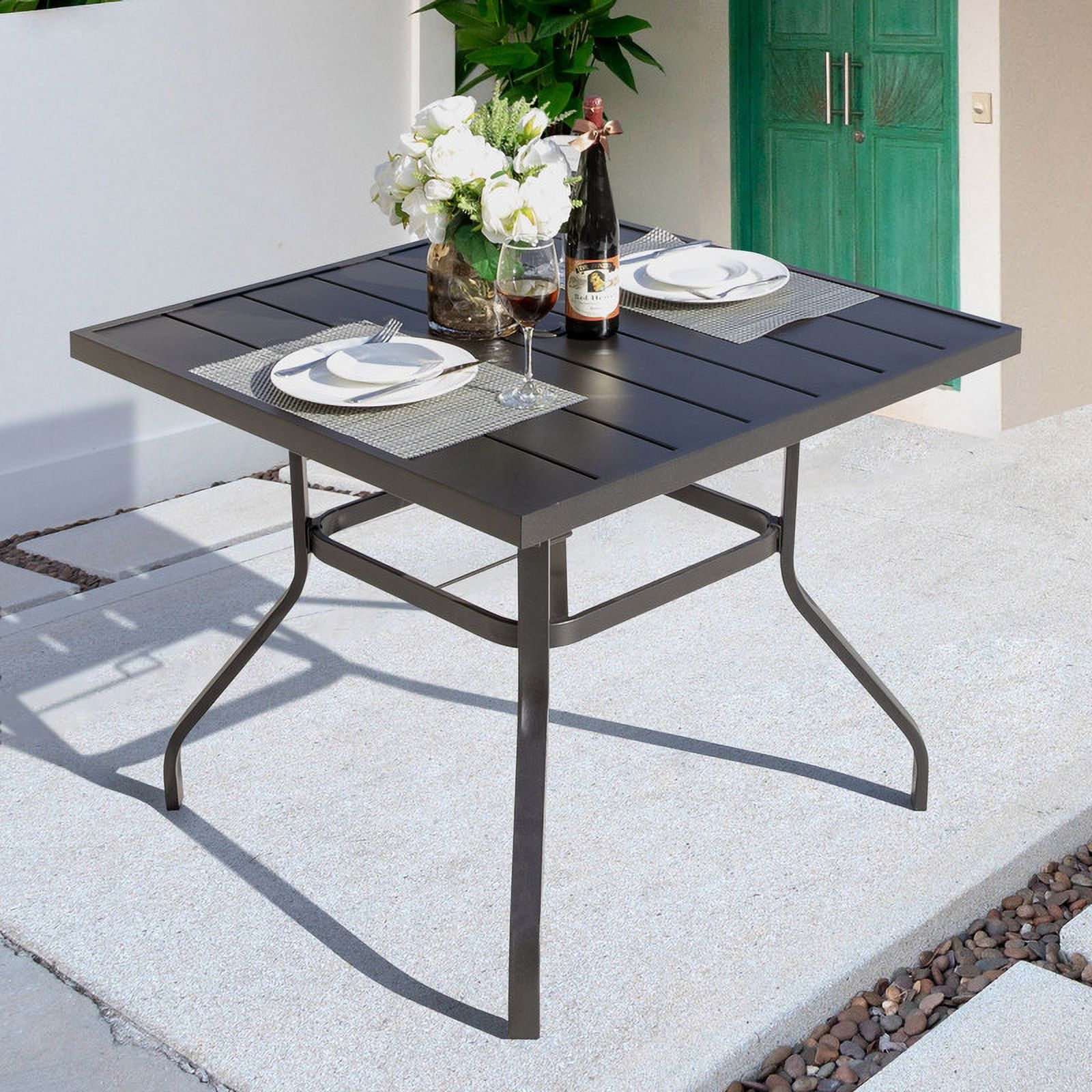 Nuu Garden 37" Black Iron Outdoor Square Dining Table with Umbrella Hole