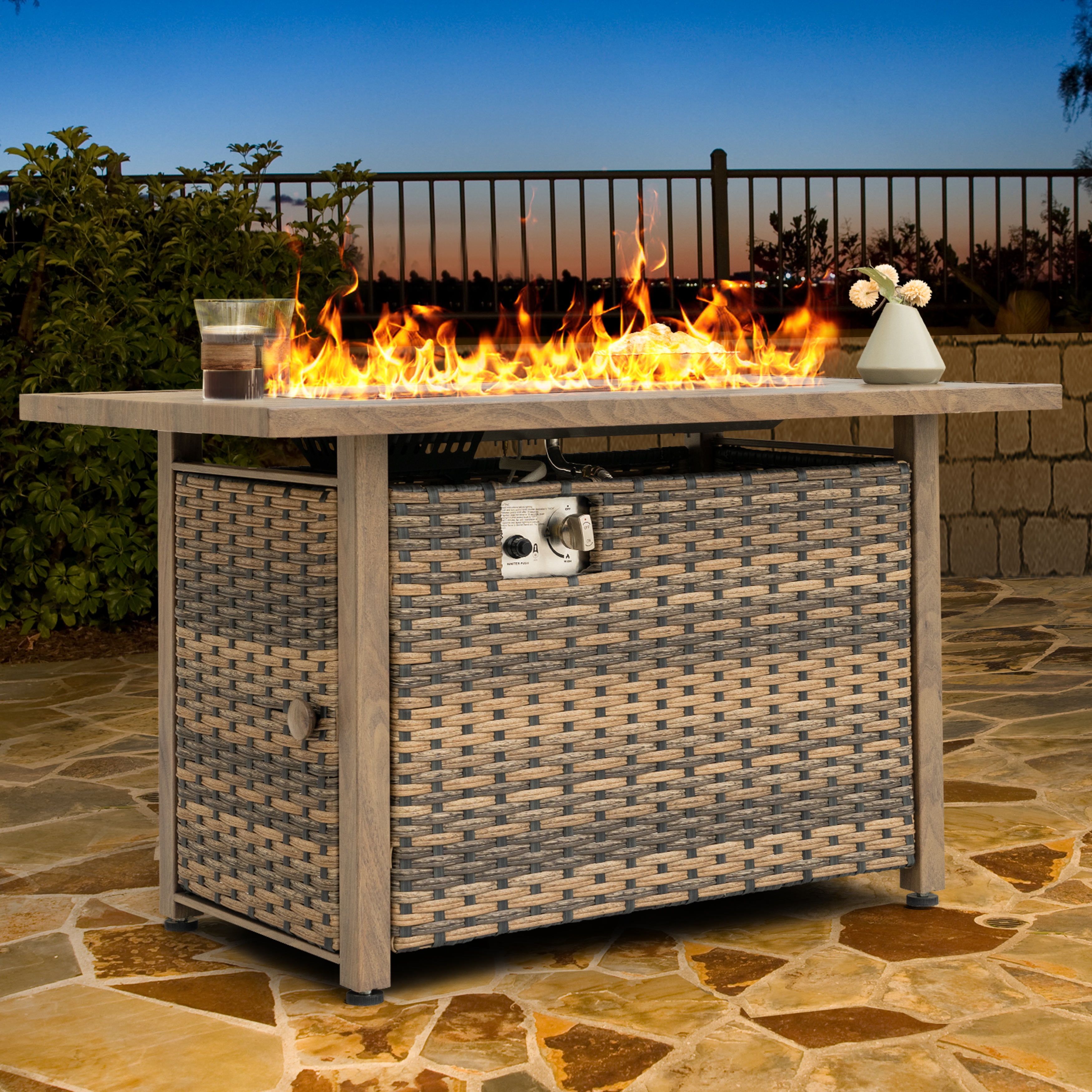 Nuu Garden 43" Ceramic and Rattan Gas Fire Pit Table