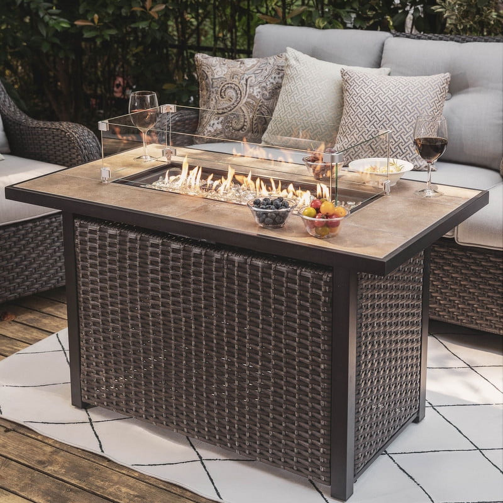 Brown Ceramic Top Gas Fire Pit Table with Wind Guard