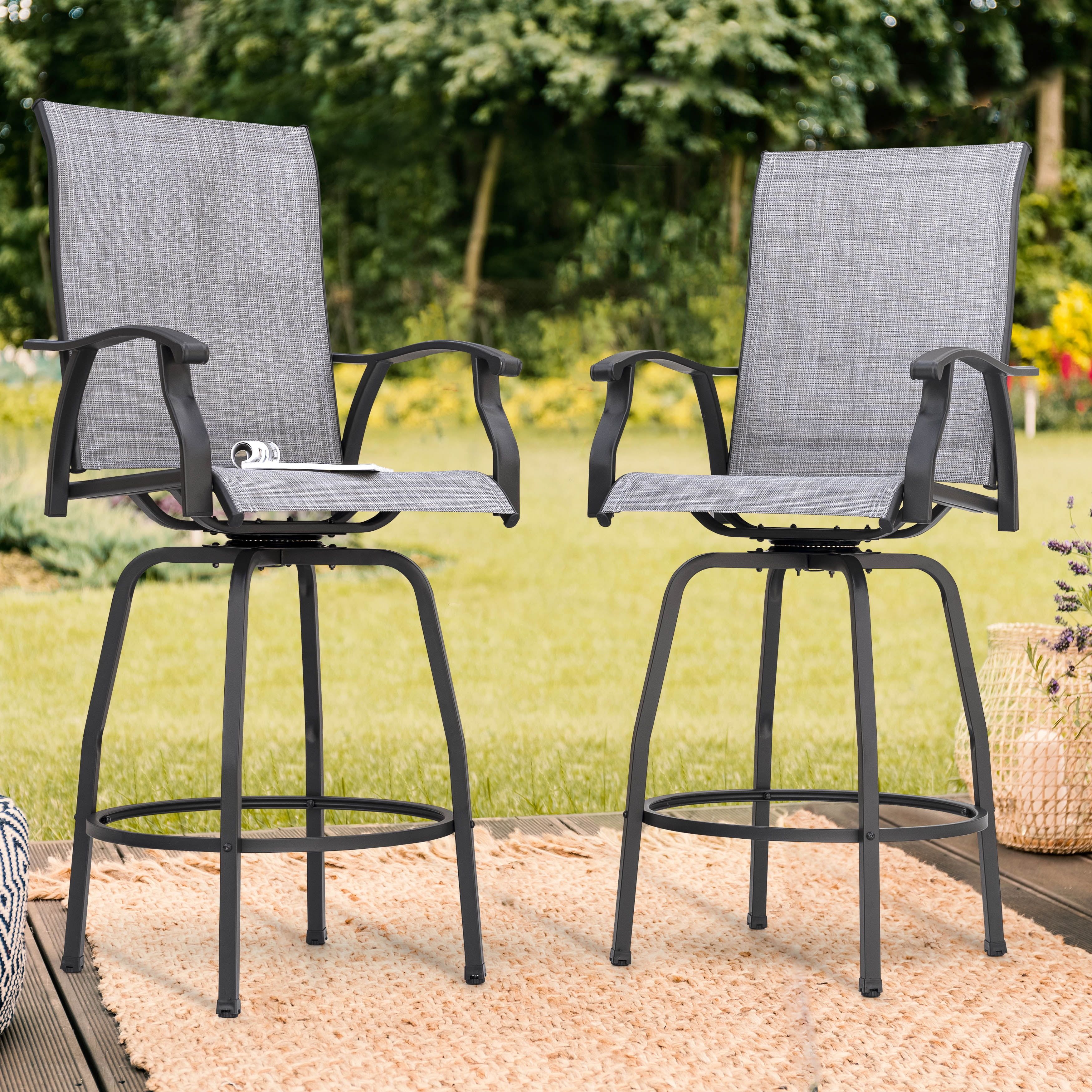 Gray Textilene Swivel Outdoor Bar Stools with High Backrest