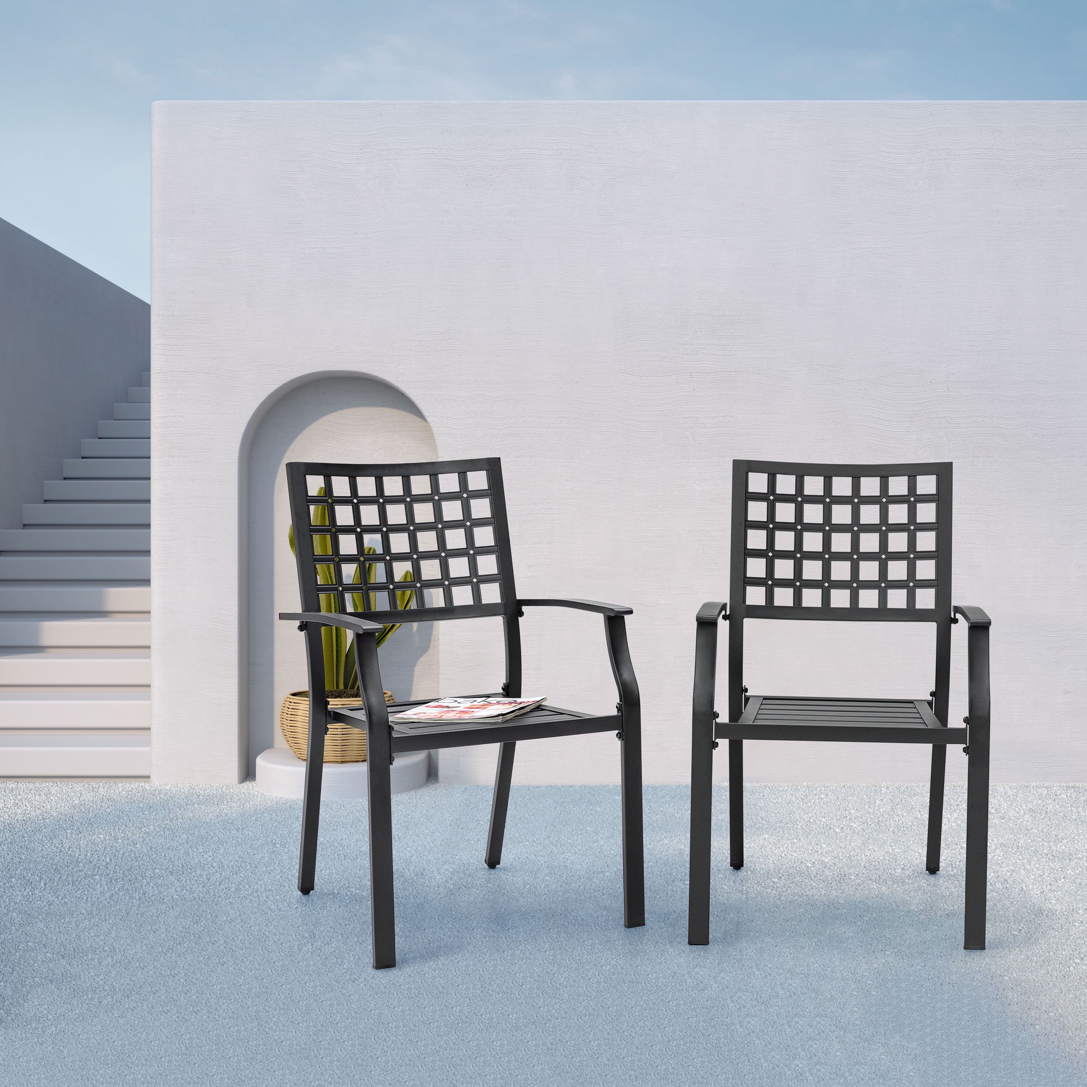 Black Wrought Iron Stackable Outdoor Dining Chairs with Armrest, Set of 2