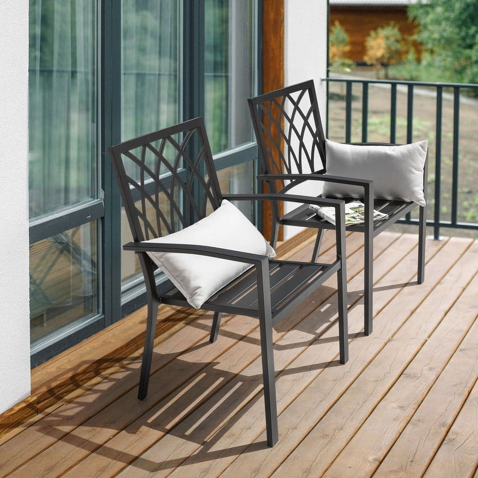 Black Iron Stackable Outdoor Patio Chairs with Lattice Design (2-Pack)