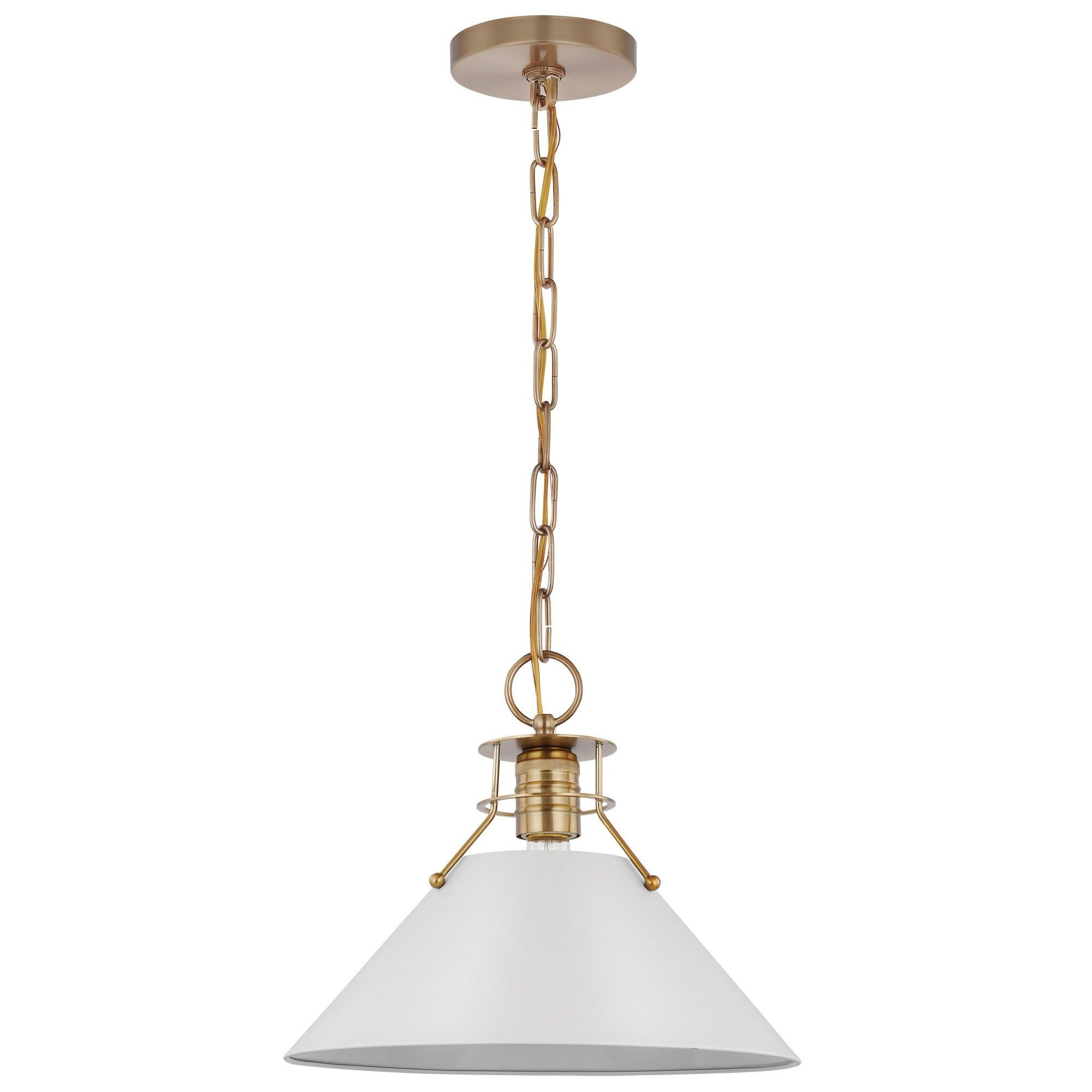 Outpost 13" Matte White and Burnished Brass Cone Pendant Light
