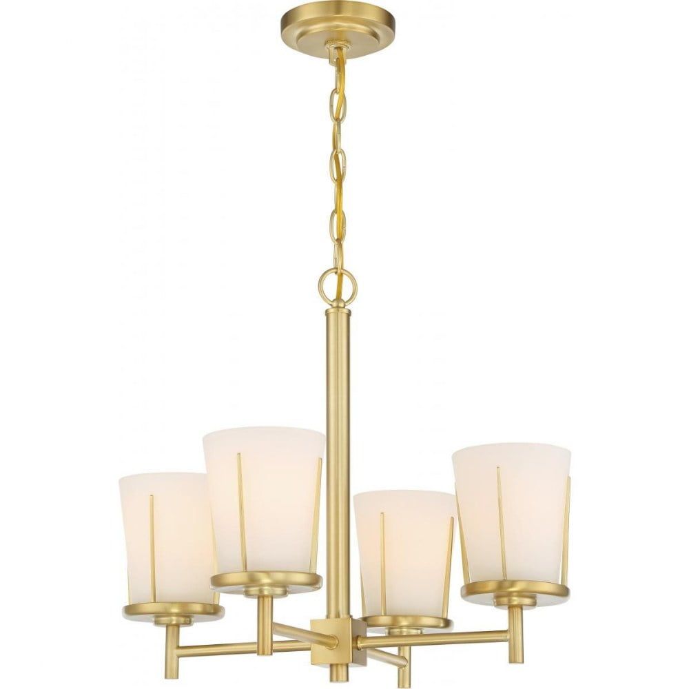 Natural Brass 4-Light Plug-In Chandelier with Satin White Glass