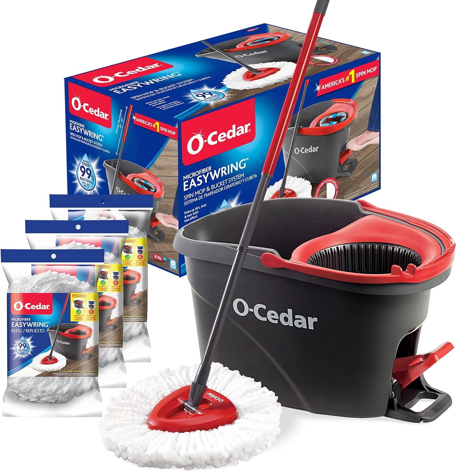 O-Cedar EasyWring Black and Red Microfiber Spin Mop with Bucket