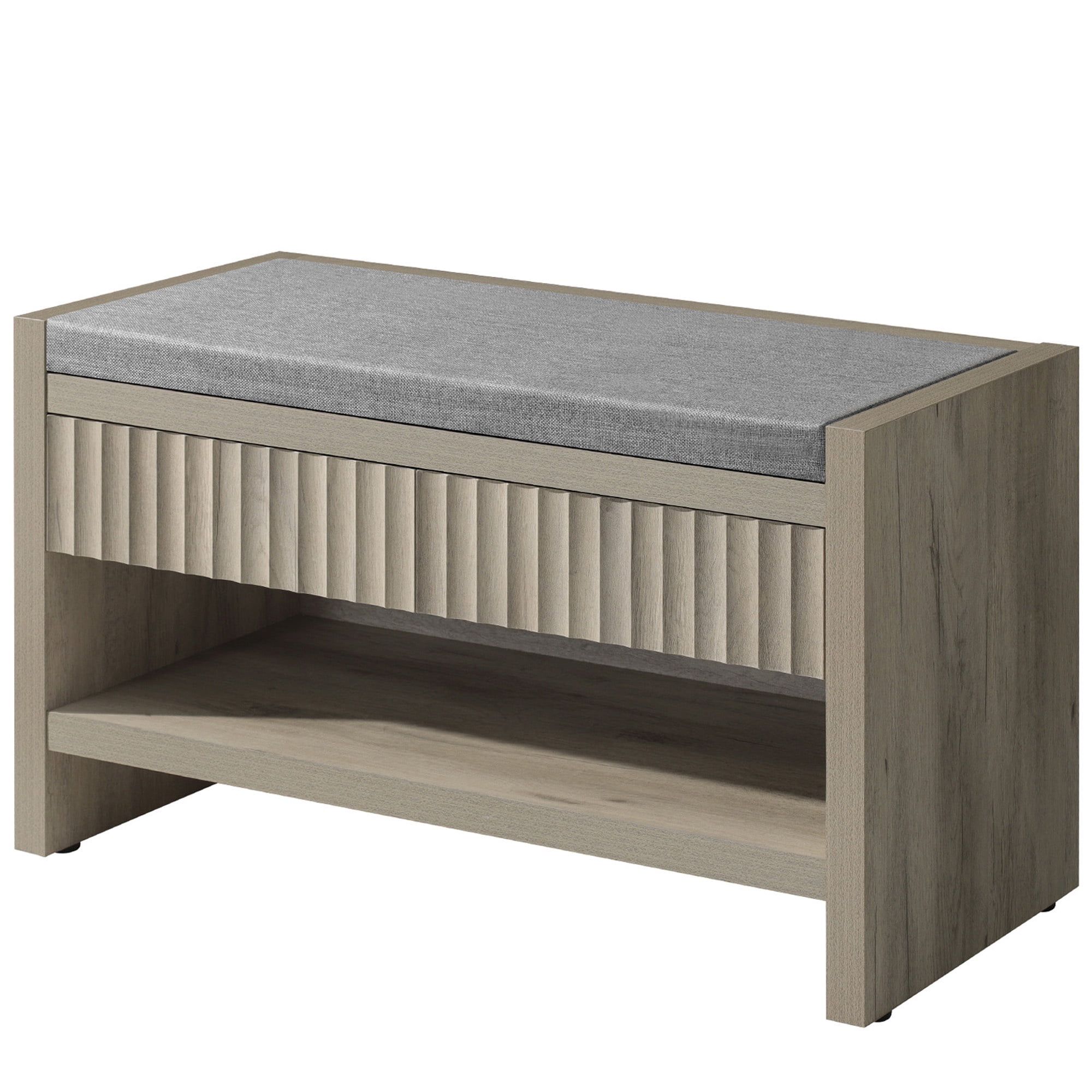 Gray Oak Fluted Shoe Storage Bench with Cushion and Drawers