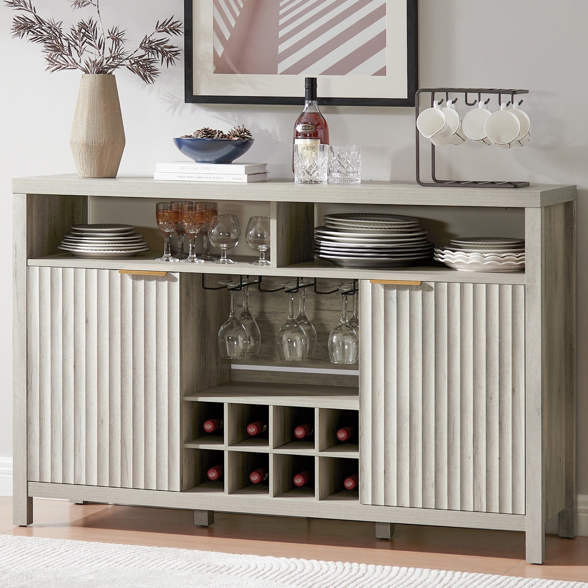 Gray Oak Fluted Panel Wine Bar Cabinet with Storage