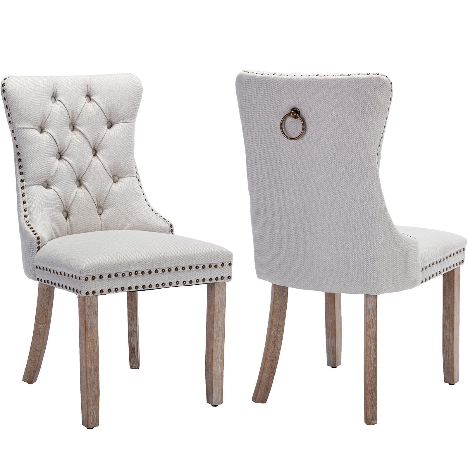 Beige Linen Tufted Dining Chairs with Wood Legs, Set of 2