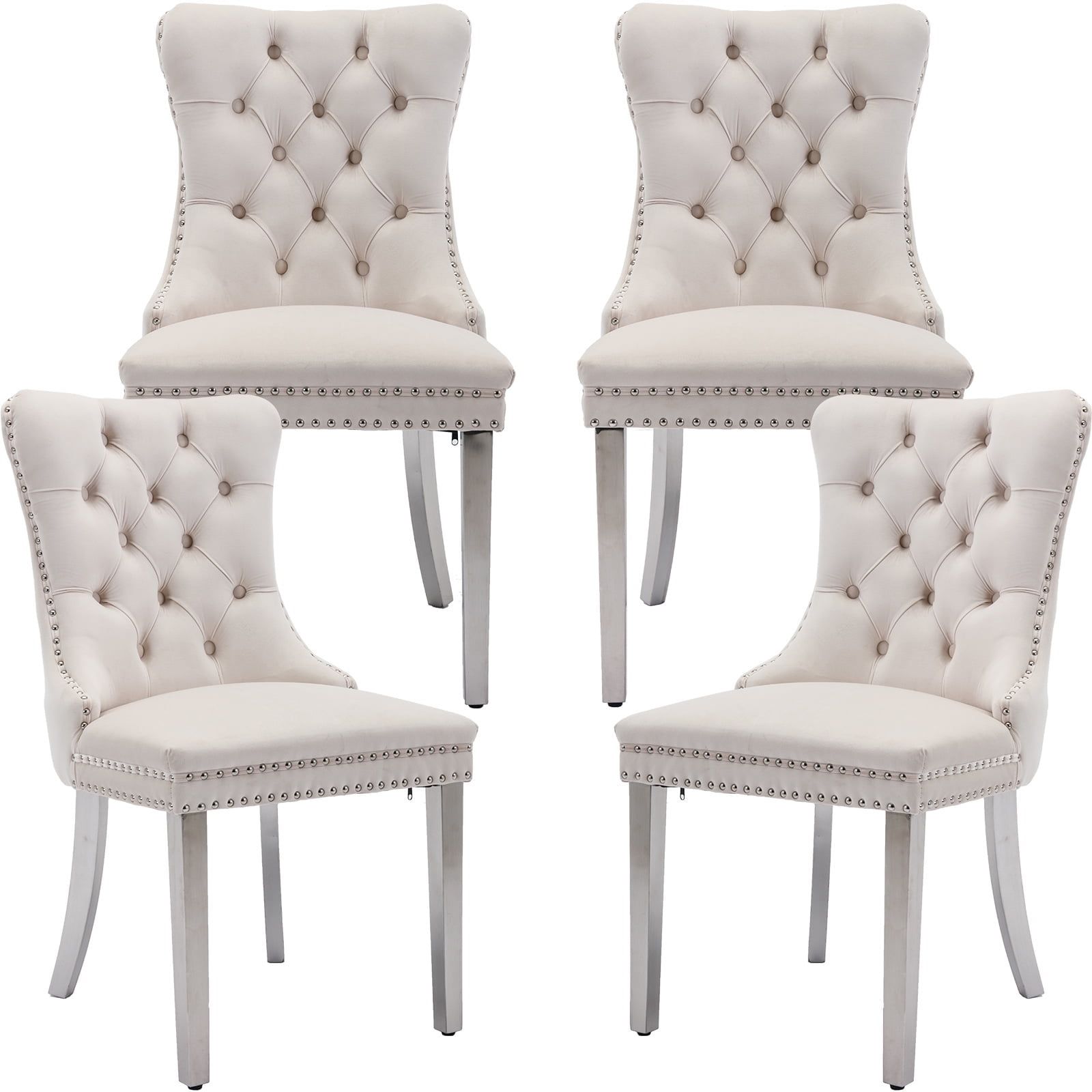 Beige Velvet Upholstered High Back Side Chair Set