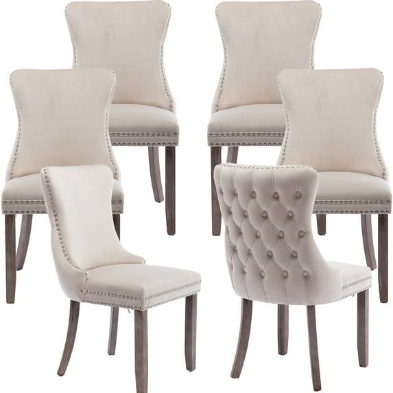 Beige Velvet Upholstered Side Chair with Wood Legs, Set of 6