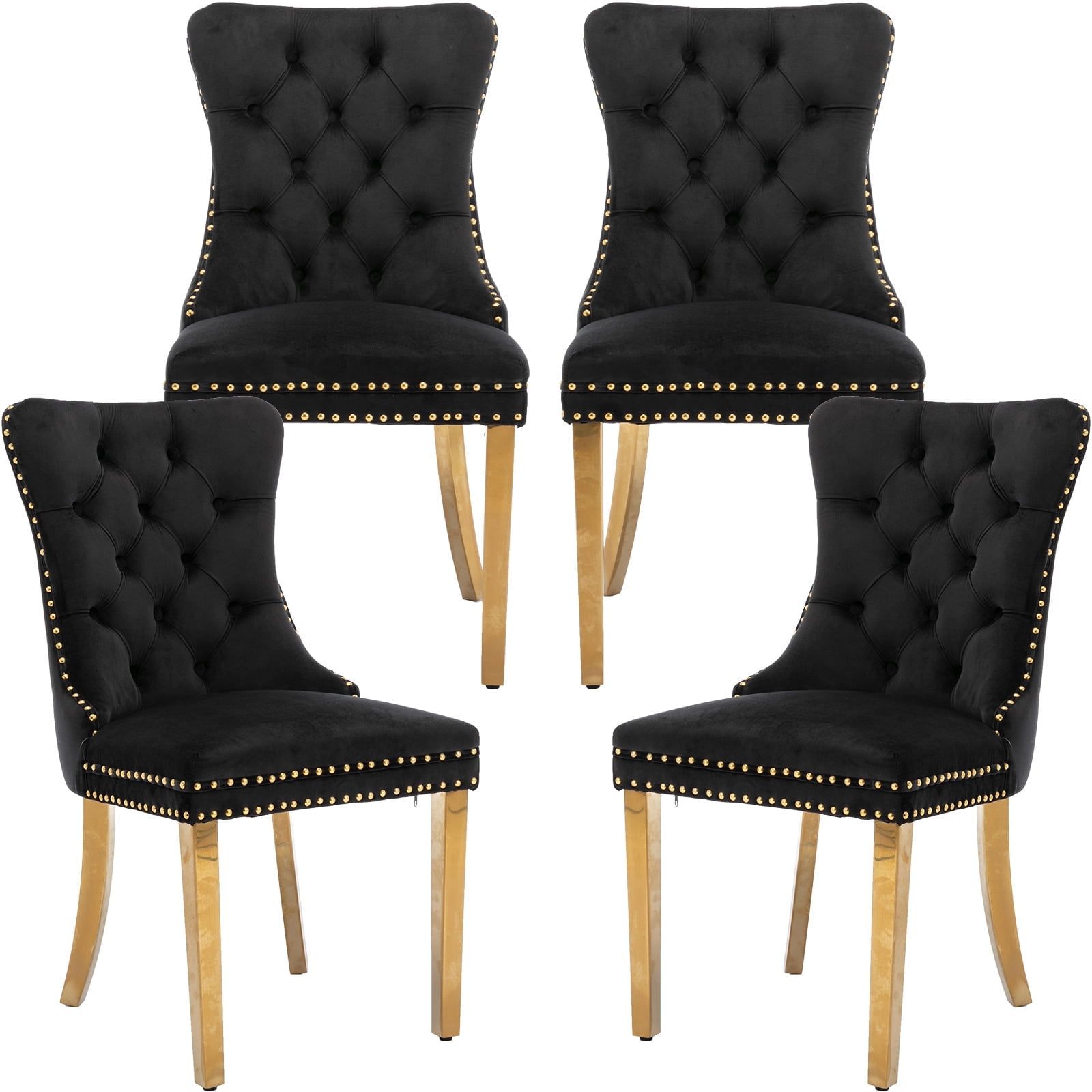 Black Velvet Upholstered Side Chair with Gold Legs, Set of 4