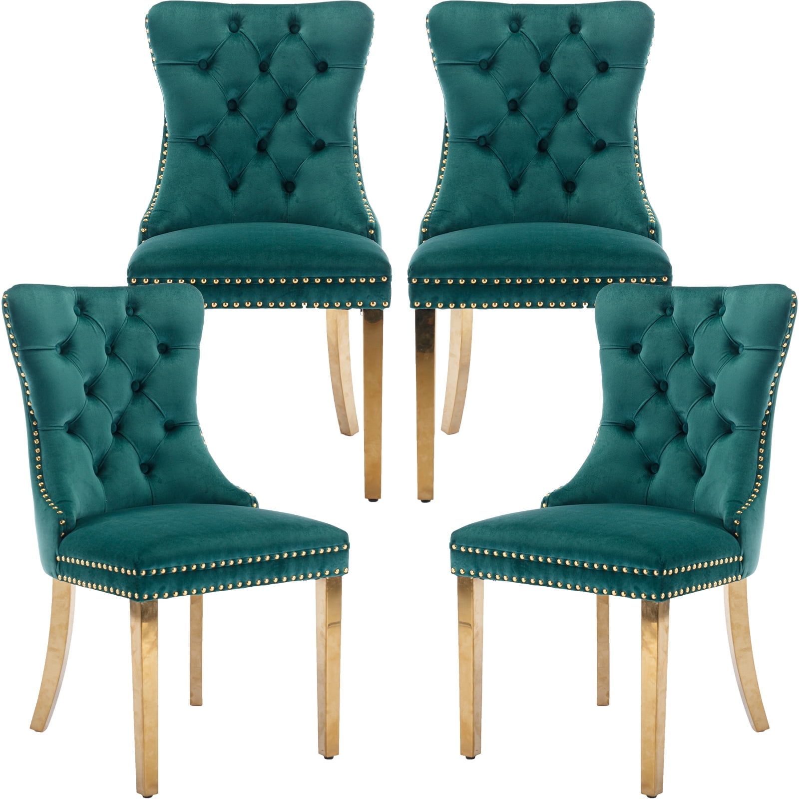 Green Velvet Upholstered Dining Chairs with Gold Legs, Set of 4