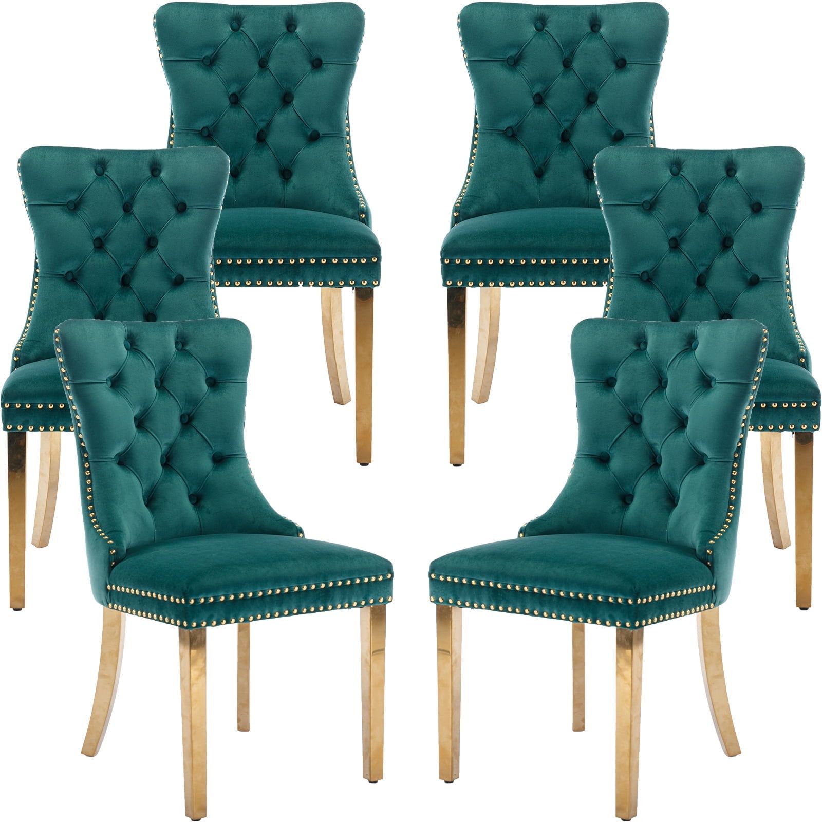 Green Velvet Tufted Dining Chairs with Gold Legs, Set of 6