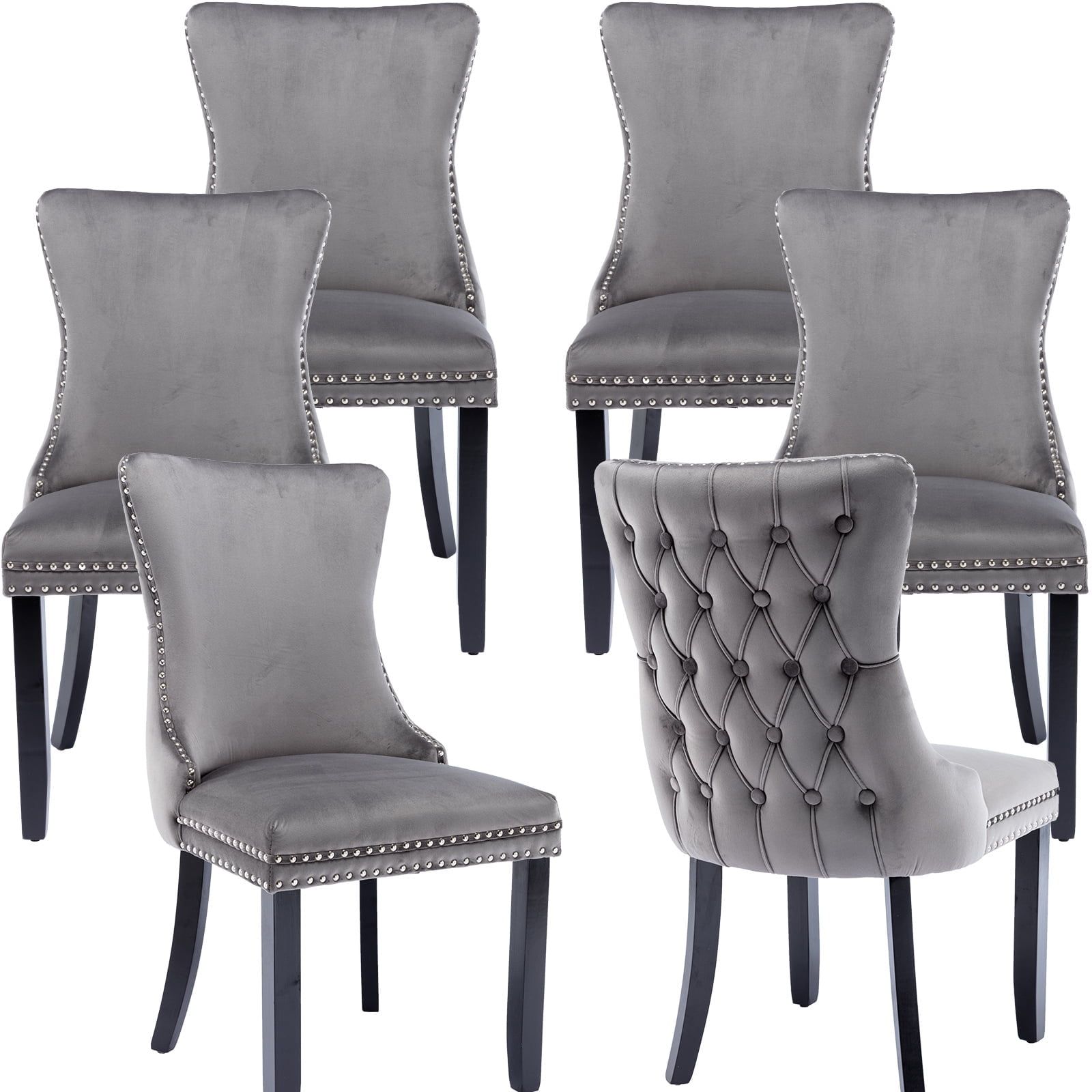 Gray Velvet Upholstered High Back Dining Chairs with Wood Legs, Set of 6