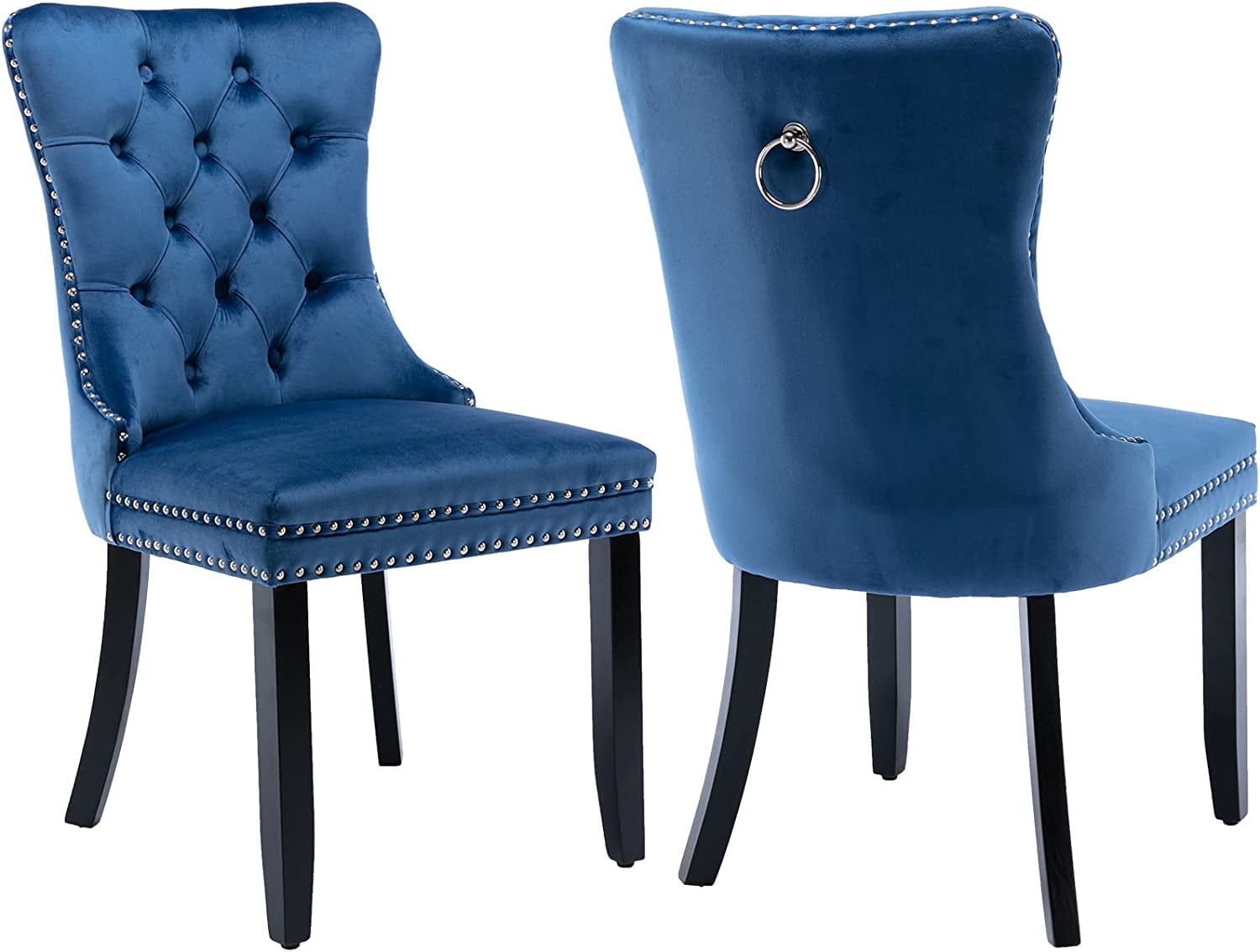 Blue Velvet Upholstered Dining Chairs with Wood Legs, Set of 2