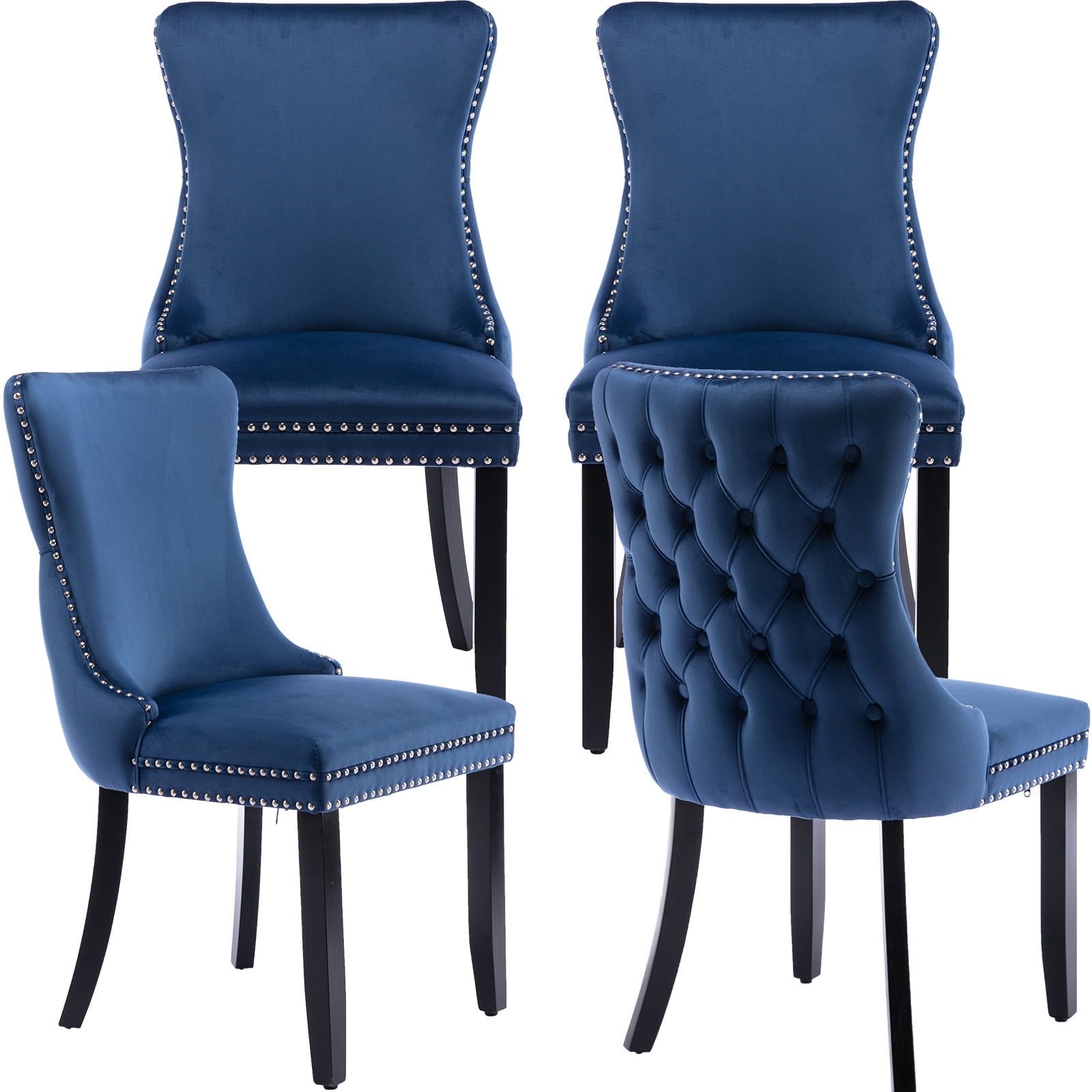 Set of 4 Blue Velvet Tufted Dining Chairs with Nailhead Trim