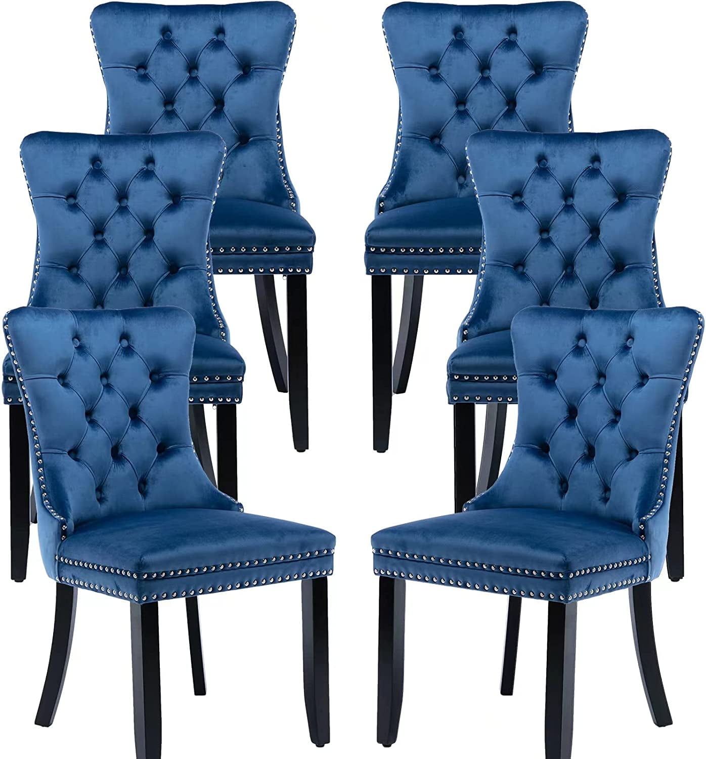 Blue Velvet Upholstered Dining Chairs with Wood Legs, Set of 6