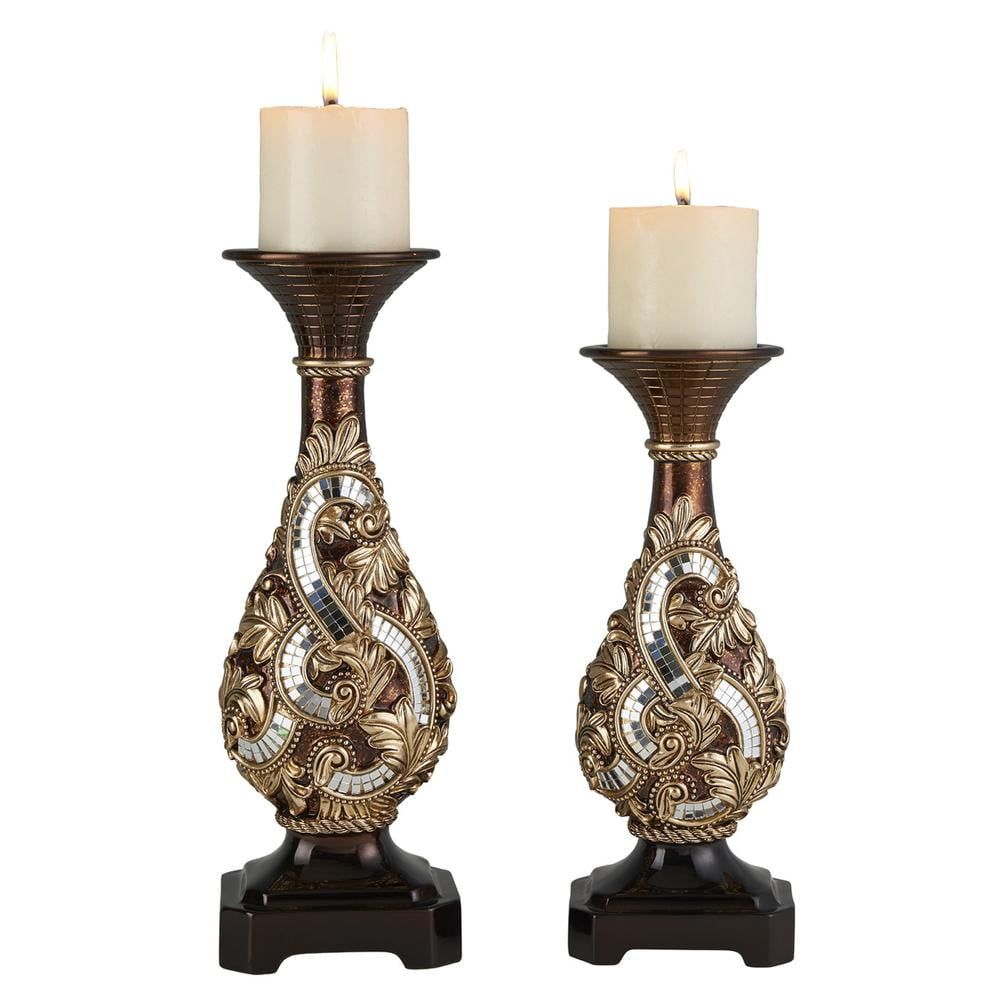 Daliyah 12"/14" Brown and Gold Polyresin Candleholder Set