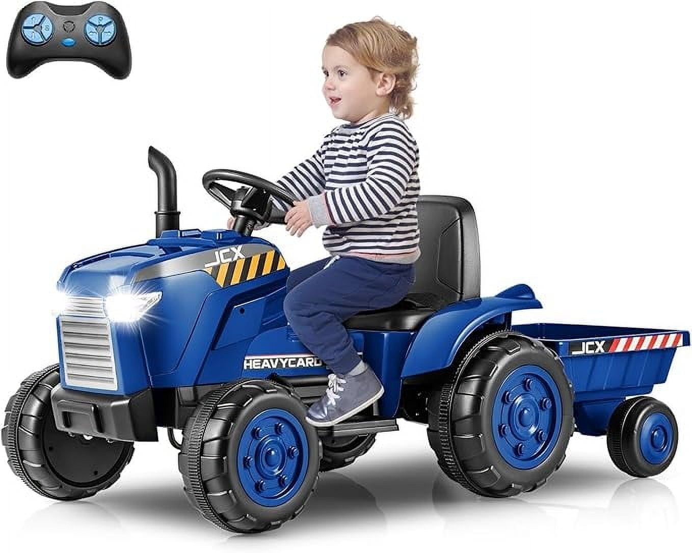 Blue 12V Kids Ride-On Tractor with Trailer and Remote Control