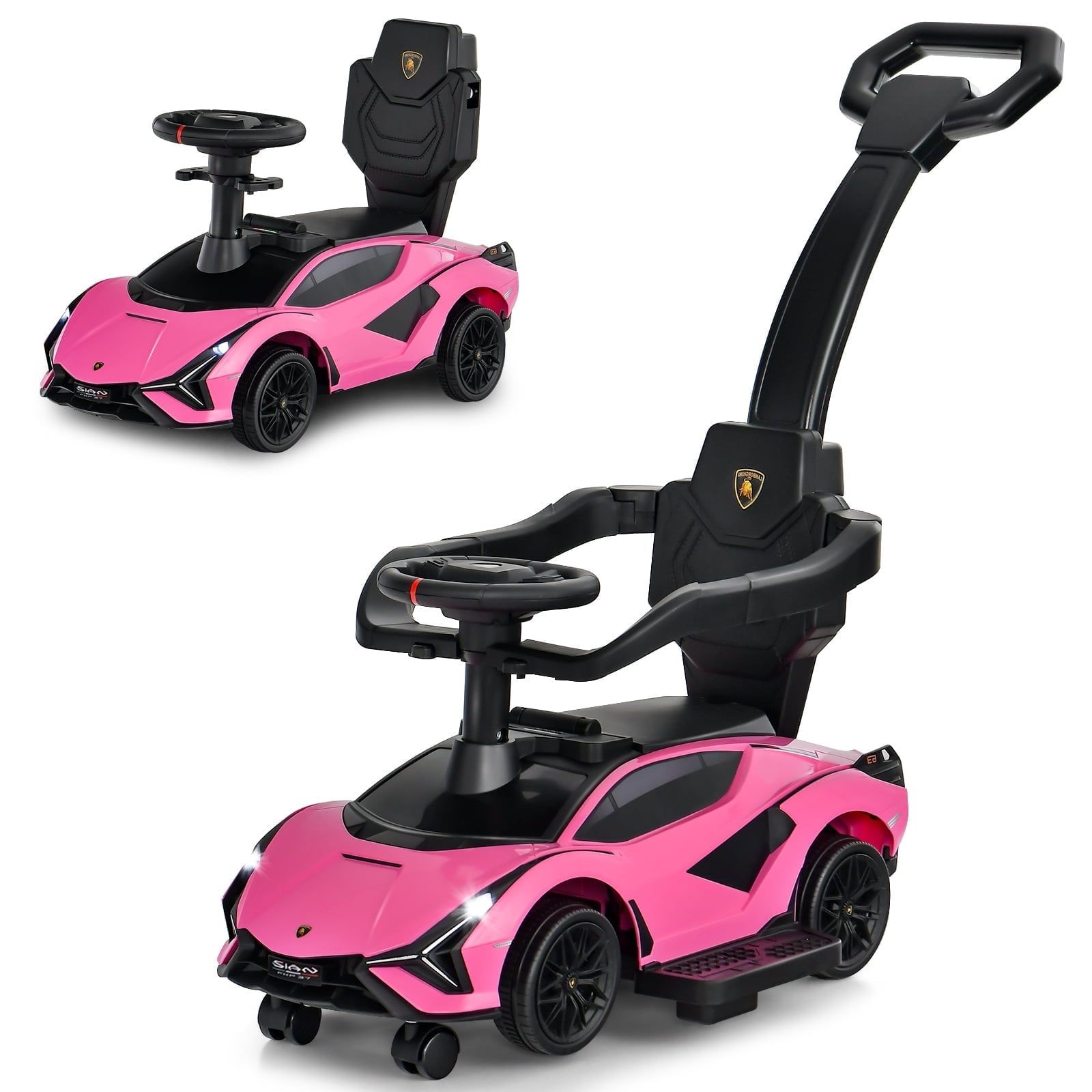 Pink Licensed Lamborghini 3-in-1 Ride-On Push Car with Safety Features