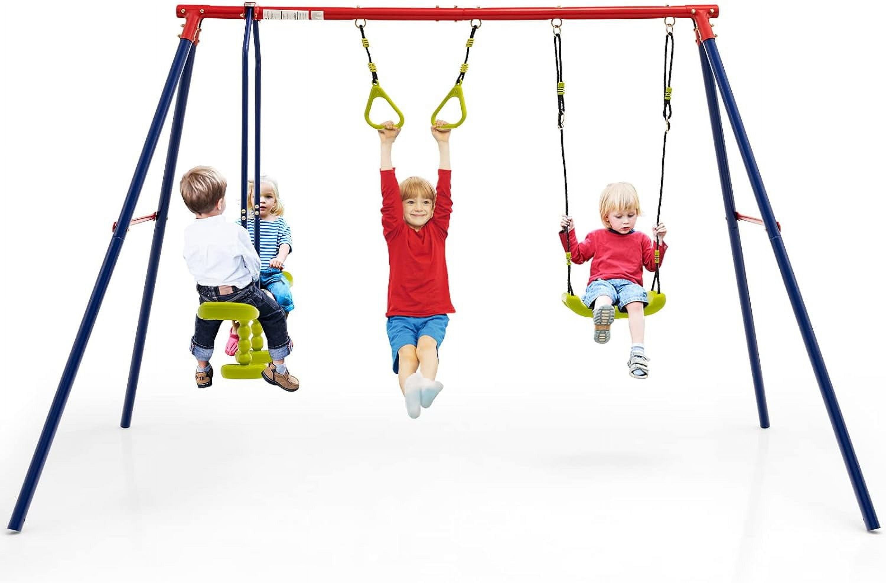 Red and Blue 3-Seat Metal Swing Set with Glider