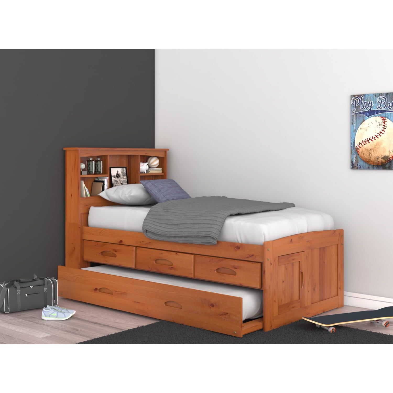 Warm Honey Twin Wood Captain's Bed with Trundle and Storage