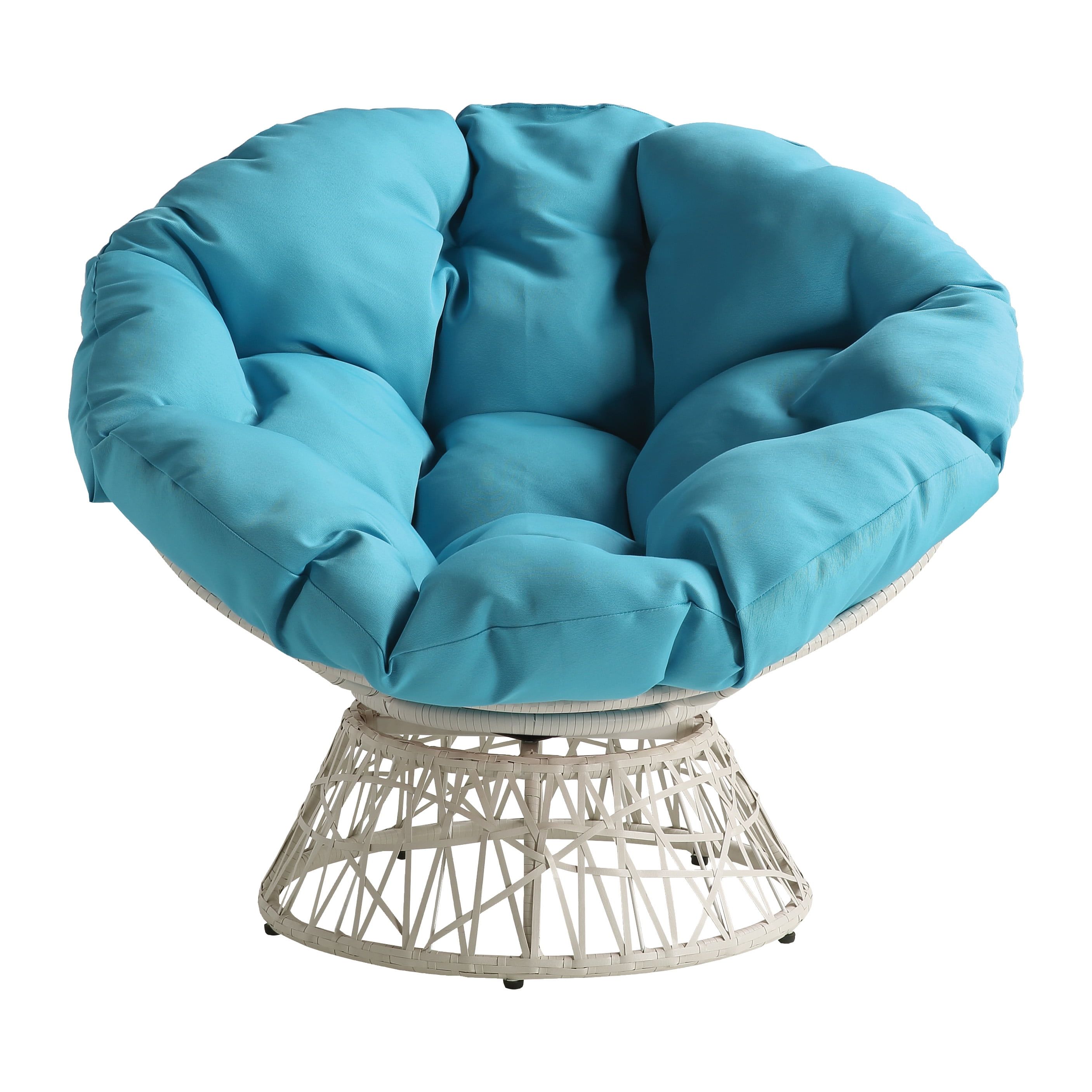 Boho Blue Cushioned Papasan Swivel Chair with Metal Frame