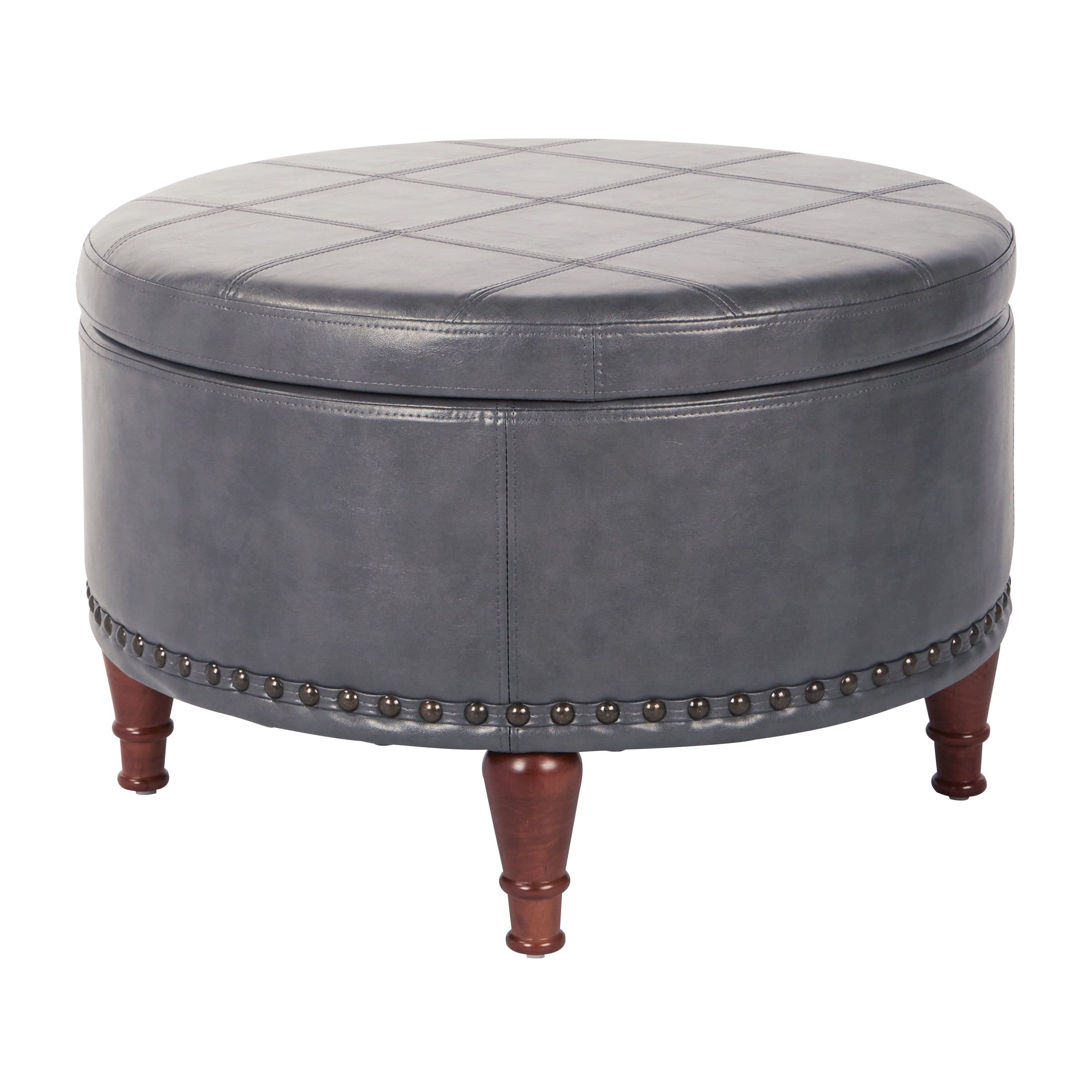 29" Round Pewter Faux Leather Storage Ottoman with Tray